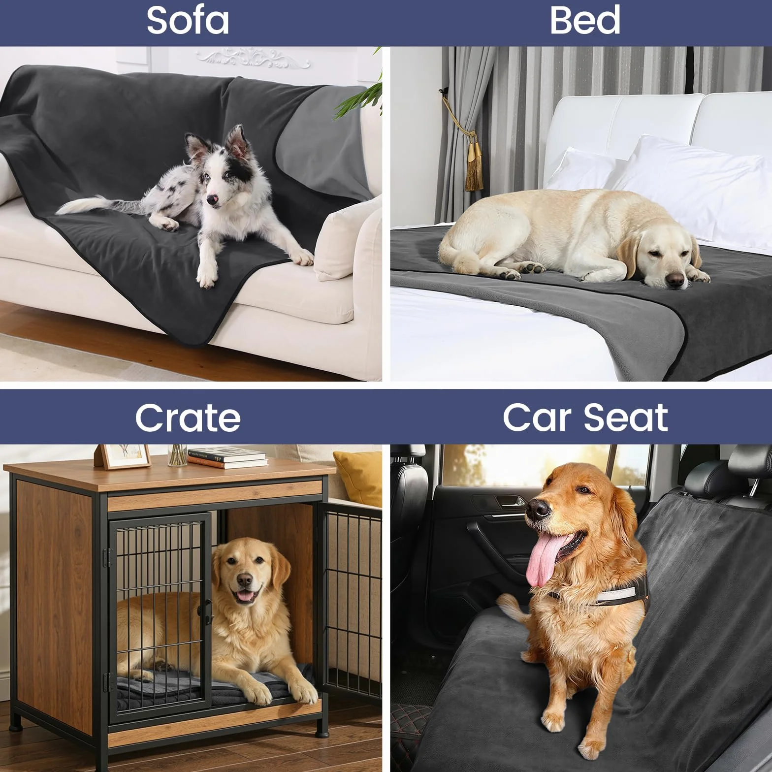 PETTOM Wodoszczelny koc dla psa (152 x 127 cm), miękki koc dla dużych i małych psów, koc ochronny na sofę, łóżko, fotel samochodowy, meble, nadaje się do prania w 30°C (rozmiar L, szary)