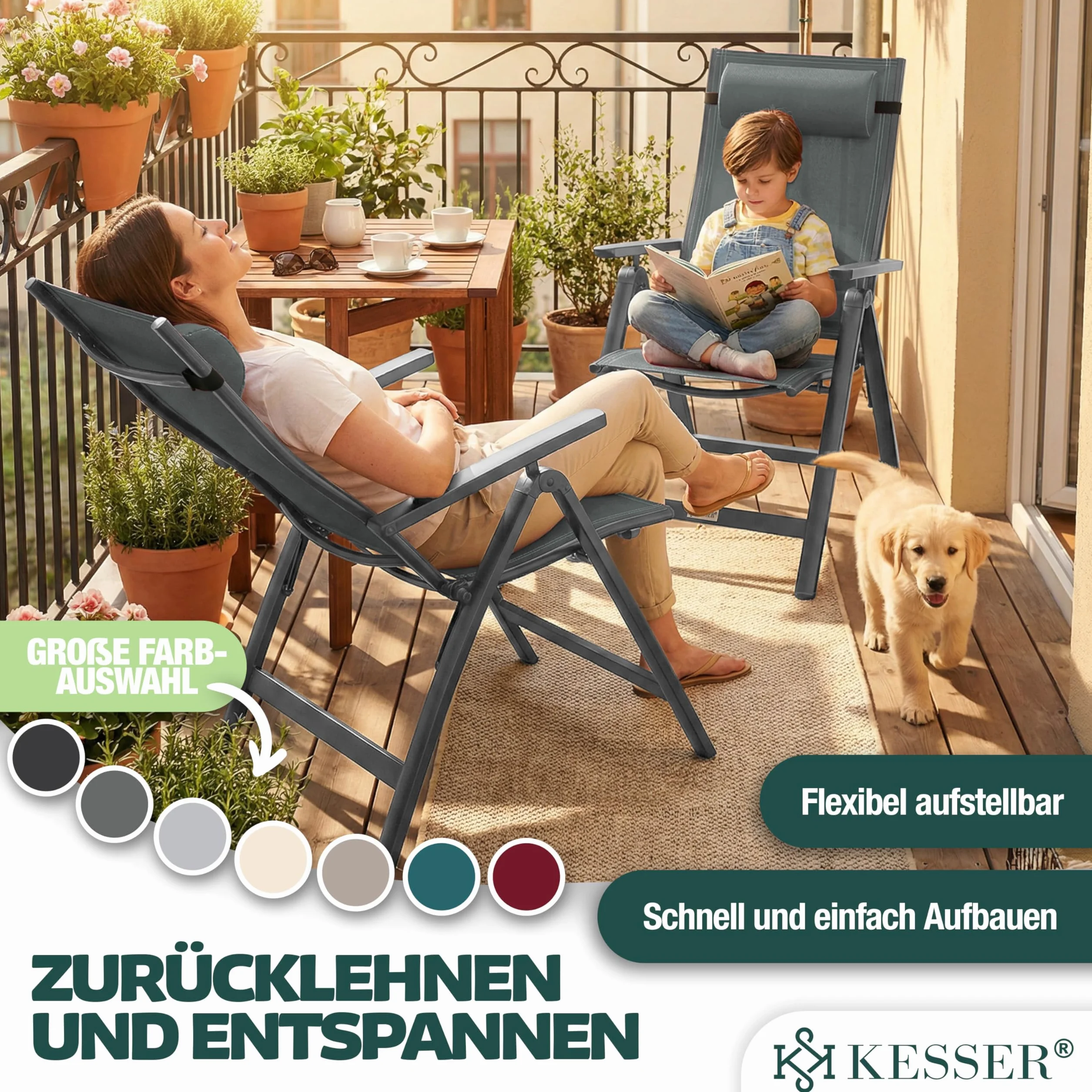 KESSER Krzesło ogrodowe z wysokim oparciem z podłokietnikami, zestaw 2 szt., aluminiowe krzesło składane z poduszką i pokrywą, krzesło kempingowe, 7-stopniowa regulacja, oparcie, oddychające, odporne