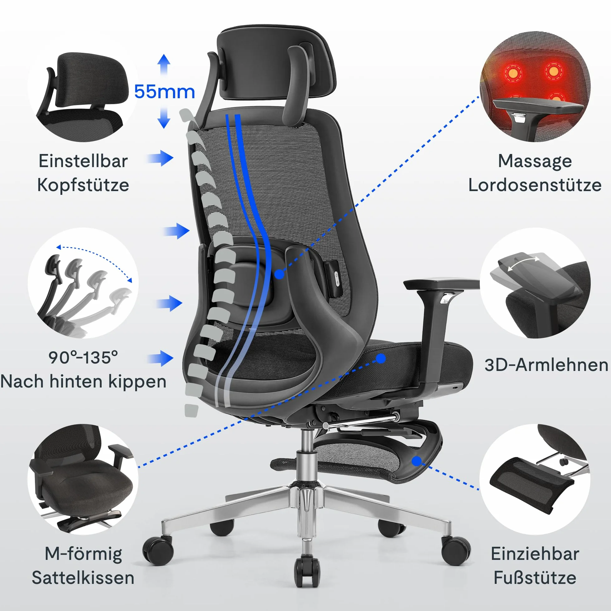 FLEXISPOT MasterEase Masażowe Krzesło Biurowe z Podnóżkiem i Gumowymi Kółkami, Ergonomiczne Krzesło Biurowe z 2D Wsparciem Lędźwiowym z Funkcją Grzania i Masażu (Czarny (z podnóżkiem PLUS kołami))