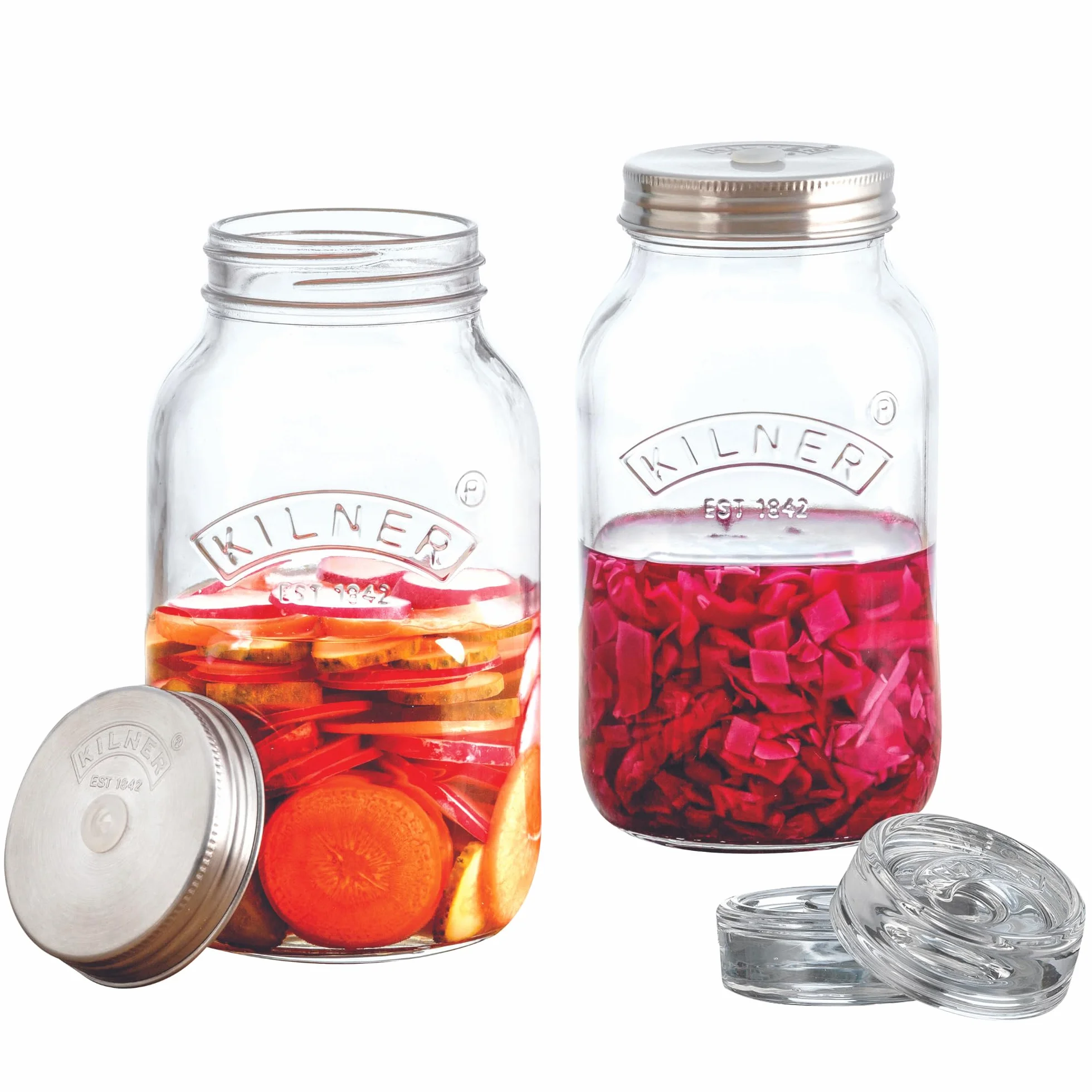 KILNER Zestaw do fermentacji / 2 x słoik o pojemności 1 l z pokrywką fermentacyjną/łatwe przechowywanie warzyw/zestaw startowy do fermentacji/konserwowanie warzyw, takich jak kiszona kapusta i