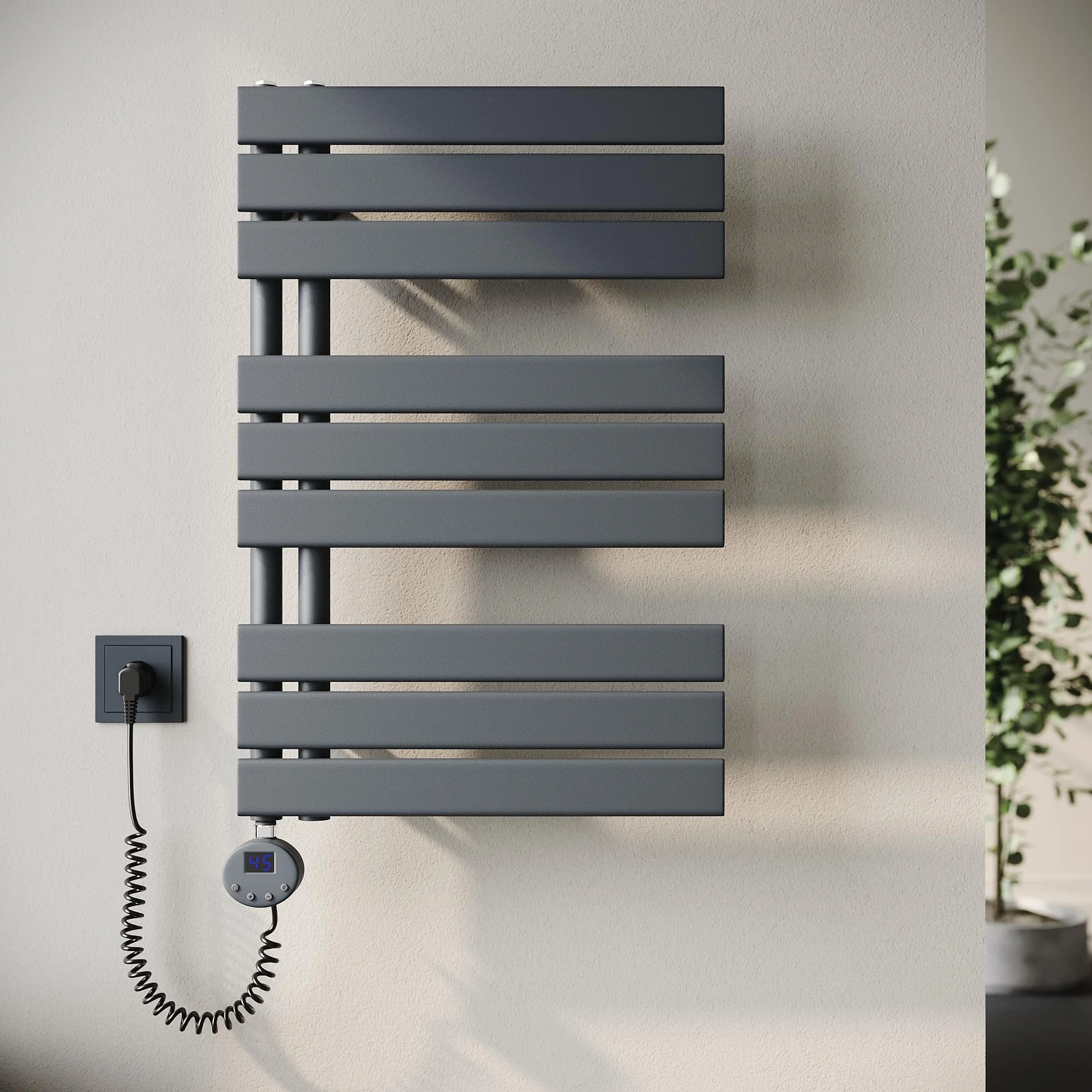 SONNI Grzejnik łazienkowy, elektryczny ogrzewacz do ręczników z termostatem, pręt grzejny, antracyt, 762 x 500 mm, 400 W, płaska suszarka do ręczników, elektryczny grzejnik na ręczniki do łazienki z