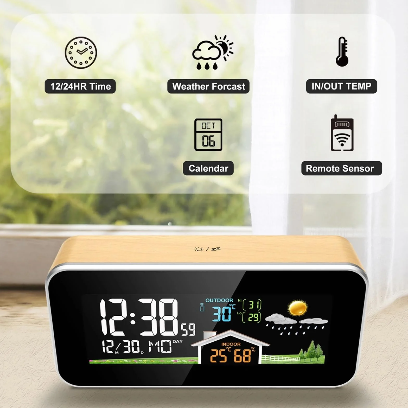 Stacje pogodowe, Bezprzewodowa stacja pogodowa Drewniany budzik Cyfrowy termometr Wilgotność Temperatura Bezprzewodowy czujnik Home TimeWatch Desktop #30(C)