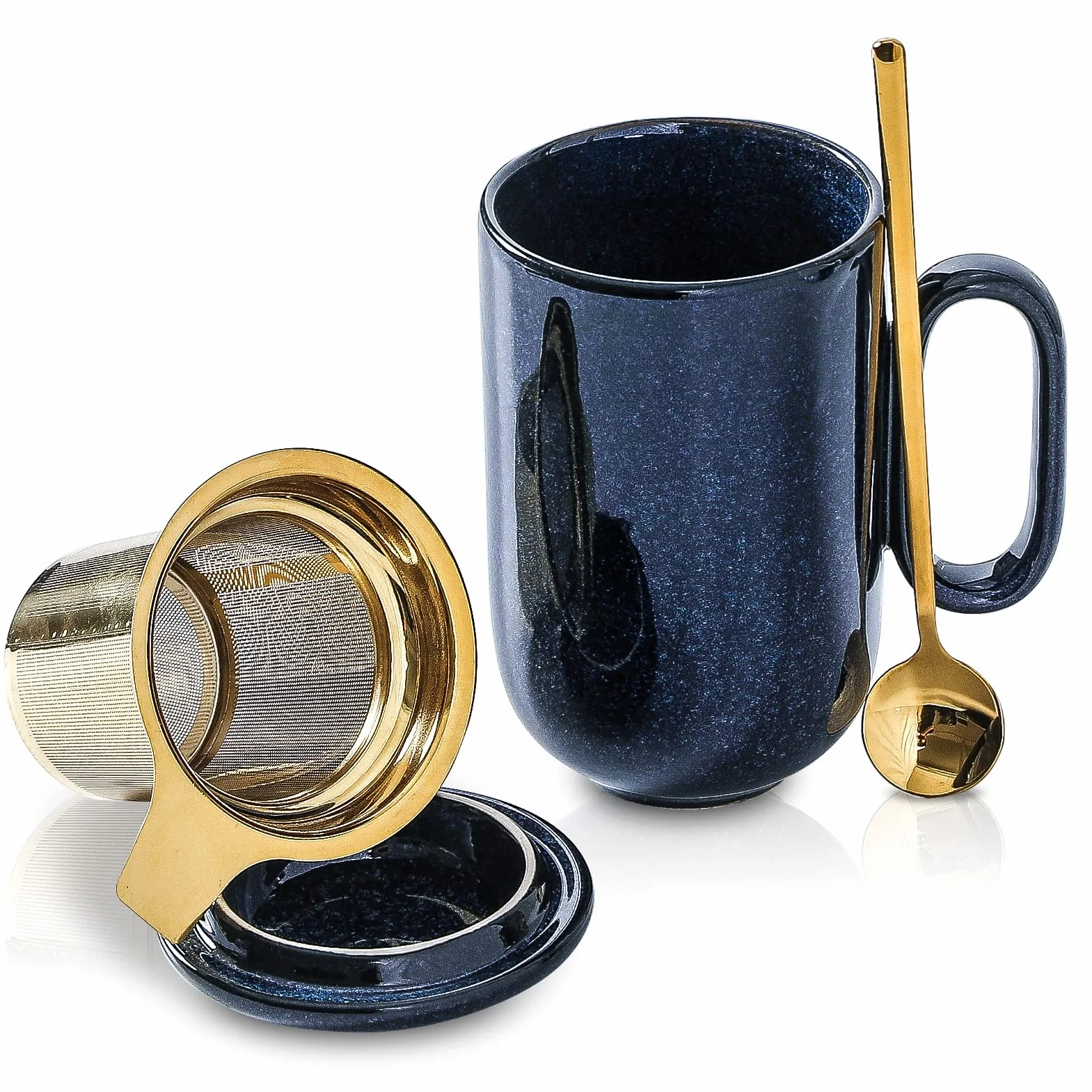 Ceramiczny zaparzacz do herbaty - VICRAYS duży 473 ml gorący luźny uchwyt zaparzacz filiżanka z zaparzaczem do liści łyżka pokrywka - niebieski wysoki glazurowany sitko kubek do kawy bezpieczny w