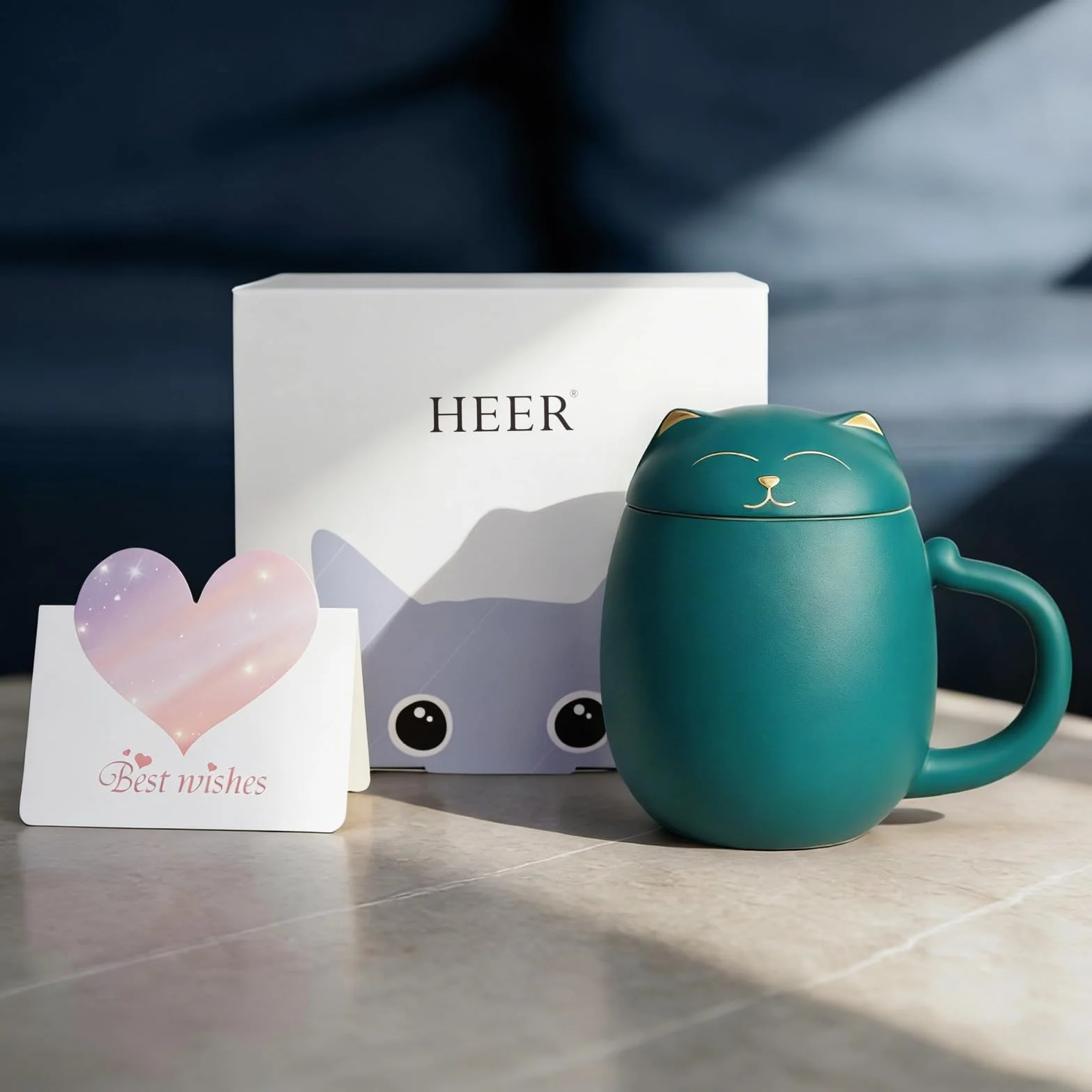 HEER Filiżanka do herbaty dla kota z zaparzaczem i pokrywką, uroczy kubek do herbaty z sitkiem do moczenia luźnych liści, ceramiczna filiżanka do herbaty na urodziny, Boże Narodzenie, prezenty dla