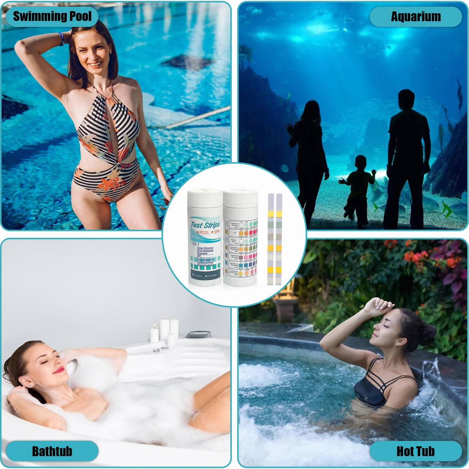 TRUEIN Paski testowe do basenu 7 w 1, 200 sztuk pasków testowych do wanny z hydromasażem, testowanie wody w basenie pod kątem wolnego chloru, pH, bromu, całkowitej kaliczności, całkowitego chloru