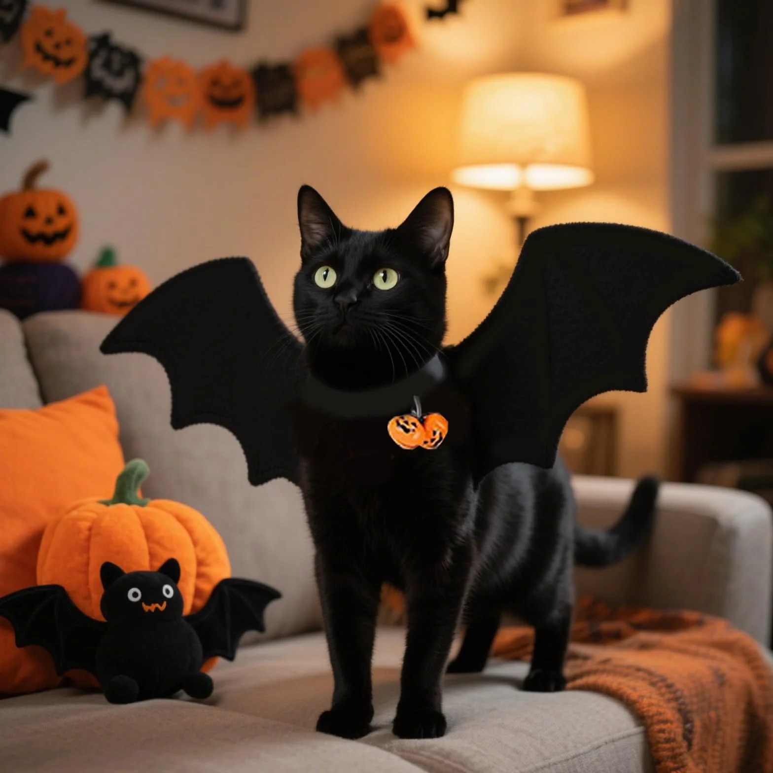 GWAWG Skrzydła nietoperza dla zwierząt domowych, kostium na Halloween, regulowane skrzydła wampira z dzwonkami dyniowymi, fantazyjny strój dla kota, psa, na Halloween, cosplay, urocze akcesoria