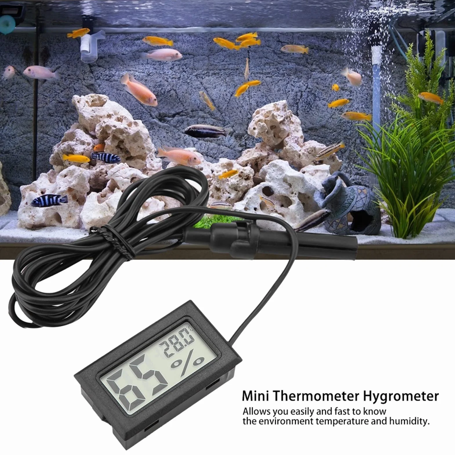 Mini higrometr LCD z zewnętrzną sondą do inkubatorów, terrarium, akwarium