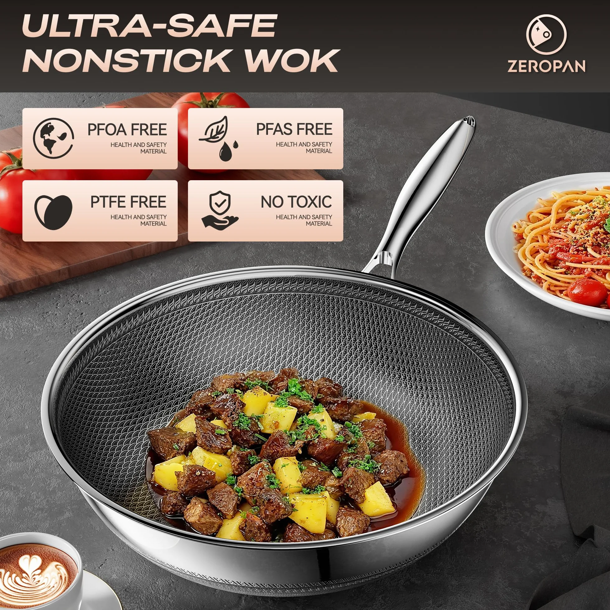 Wok nieprzywierający z pokrywką 30 cm, hybrydowy wok ze stali nierdzewnej, patelnia, uchwyt utrzymujący chłód, zmywarka, PFAS PFOA i PTFE, nadaje się do piekarnika do 260°C, nadaje się do