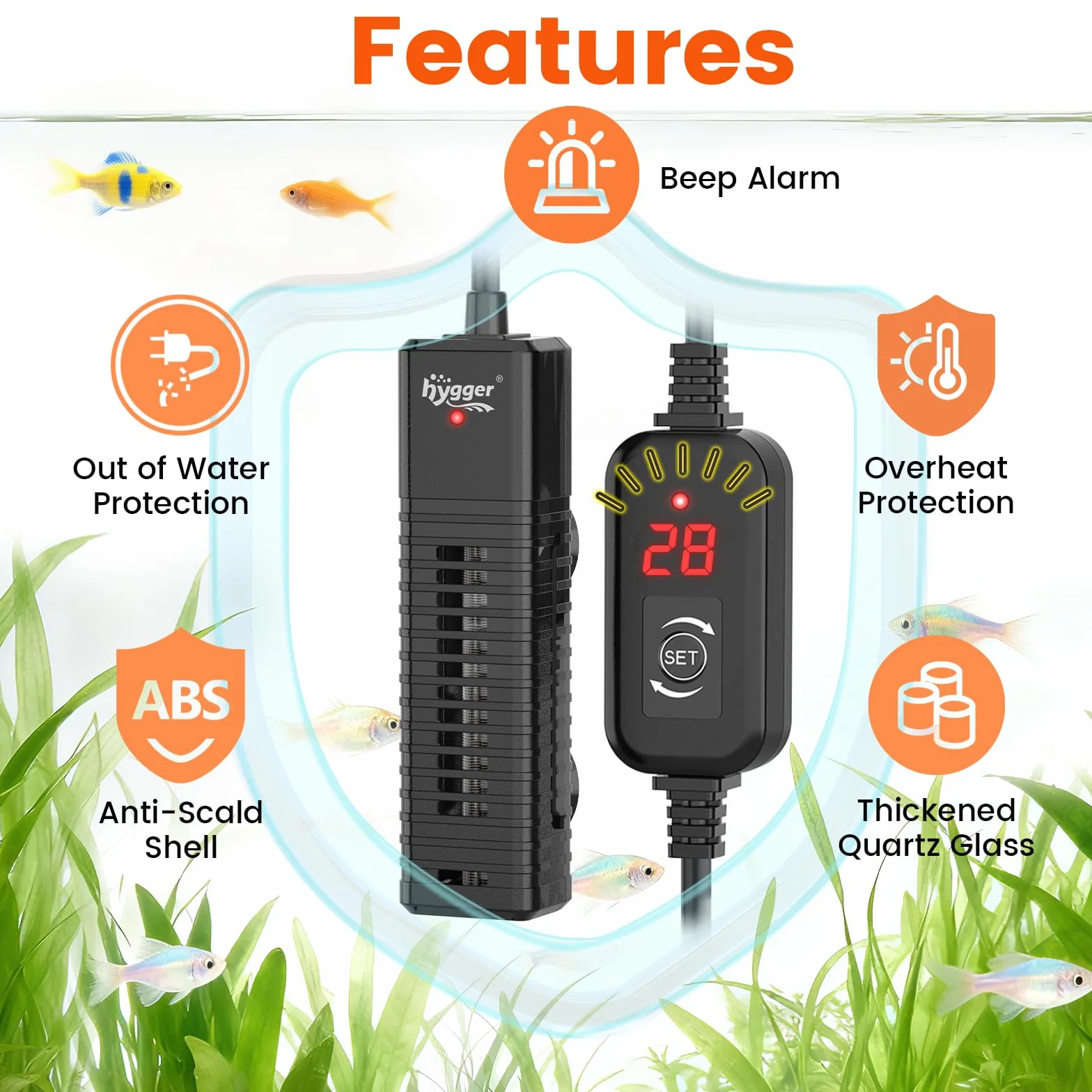 hygger Podgrzewacz do akwarium 100W cyfrowy z regulatorem temperatury do zbiorników 57-75L