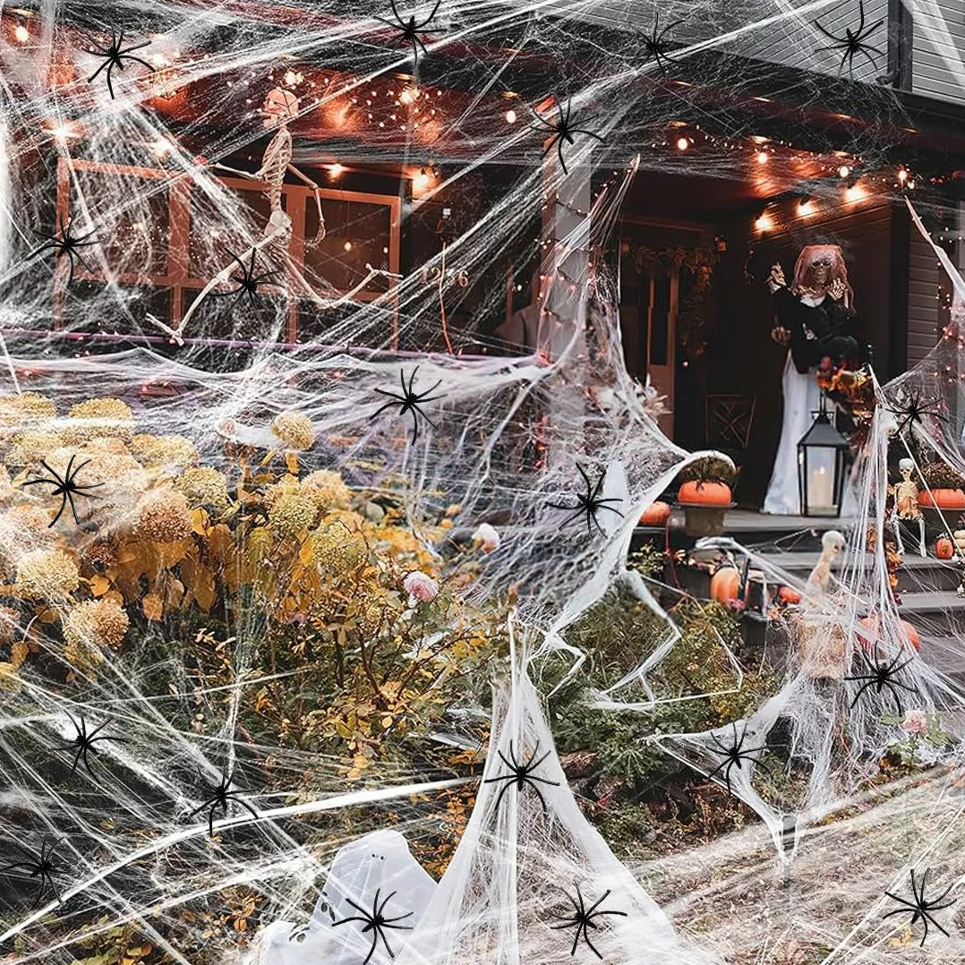 Augesak Dekoracja na Halloween, pajęczyna, 120 g, dekoracja na Halloween, do użytku na zewnątrz, z 50 czarnymi pająkami, realistyczna dekoracja na imprezę z horroru, dekoracja ogrodu