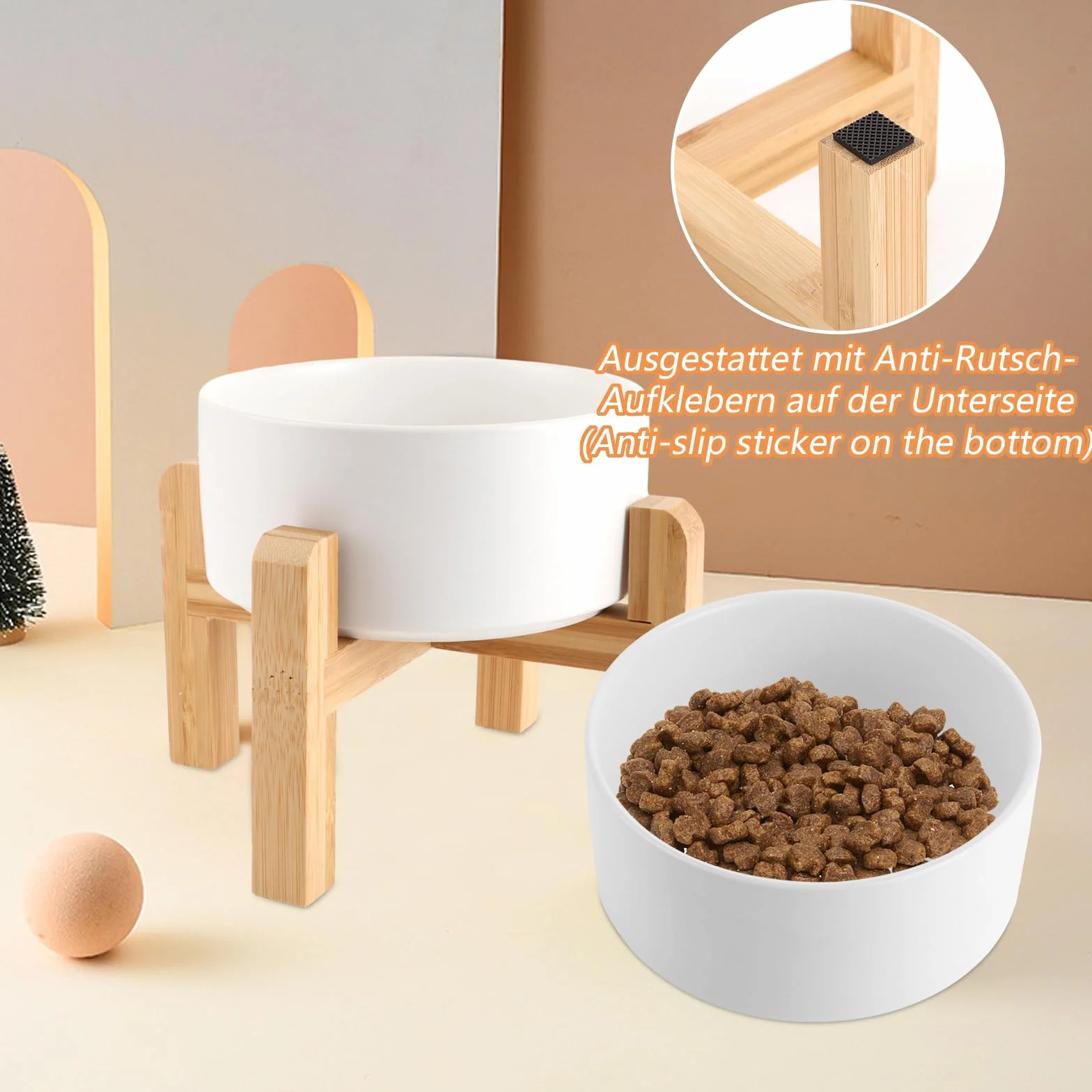 Zestaw 2 ceramicznych misek dla psów z bambusowym stojakiem dla psów i kotów (850 ml, biała)