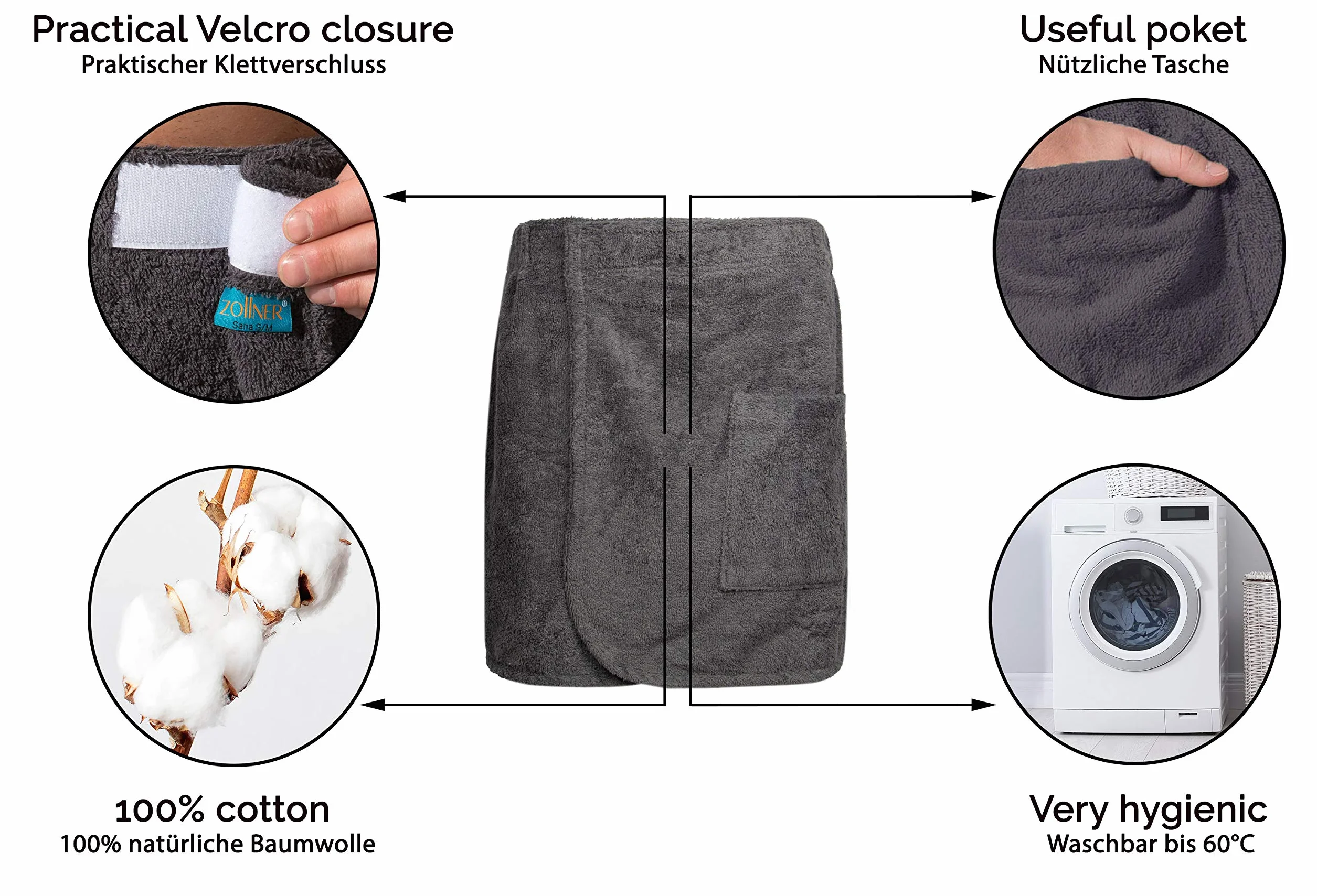 ZOLLNER Kilt do Sauny Męski z Gumką Zapięcie na Rzep 100% Bawełna L/XL Szary