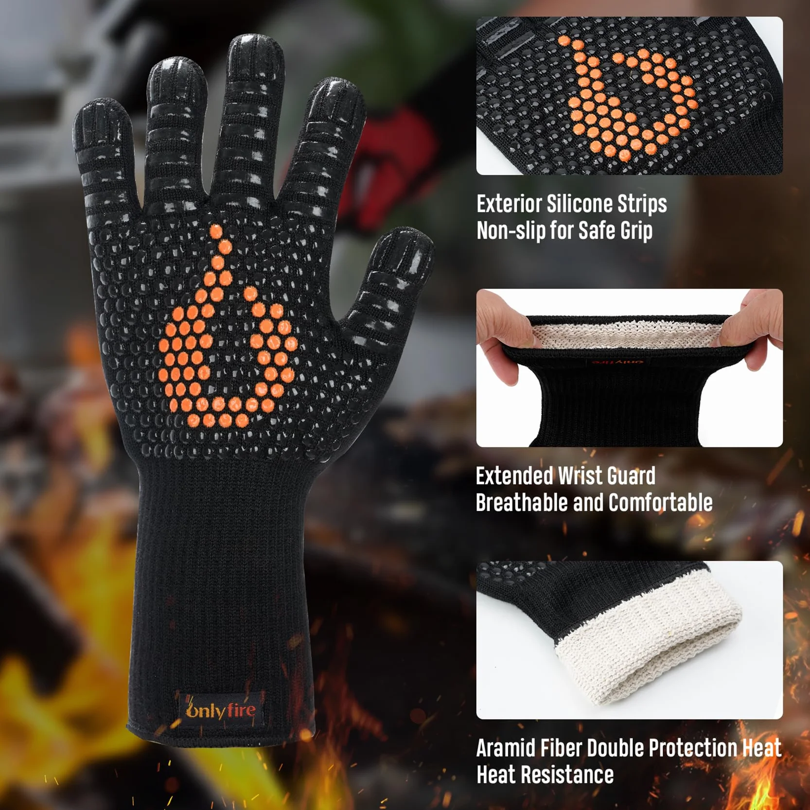 onlyfire 3-częściowy zestaw przyborów do grillowania, zawiera regulowany fartuch do grillowania z 2 kieszeniami, rękawice do grillowania odporne na wysoką temperaturę i ściereczkę z mikrofibry