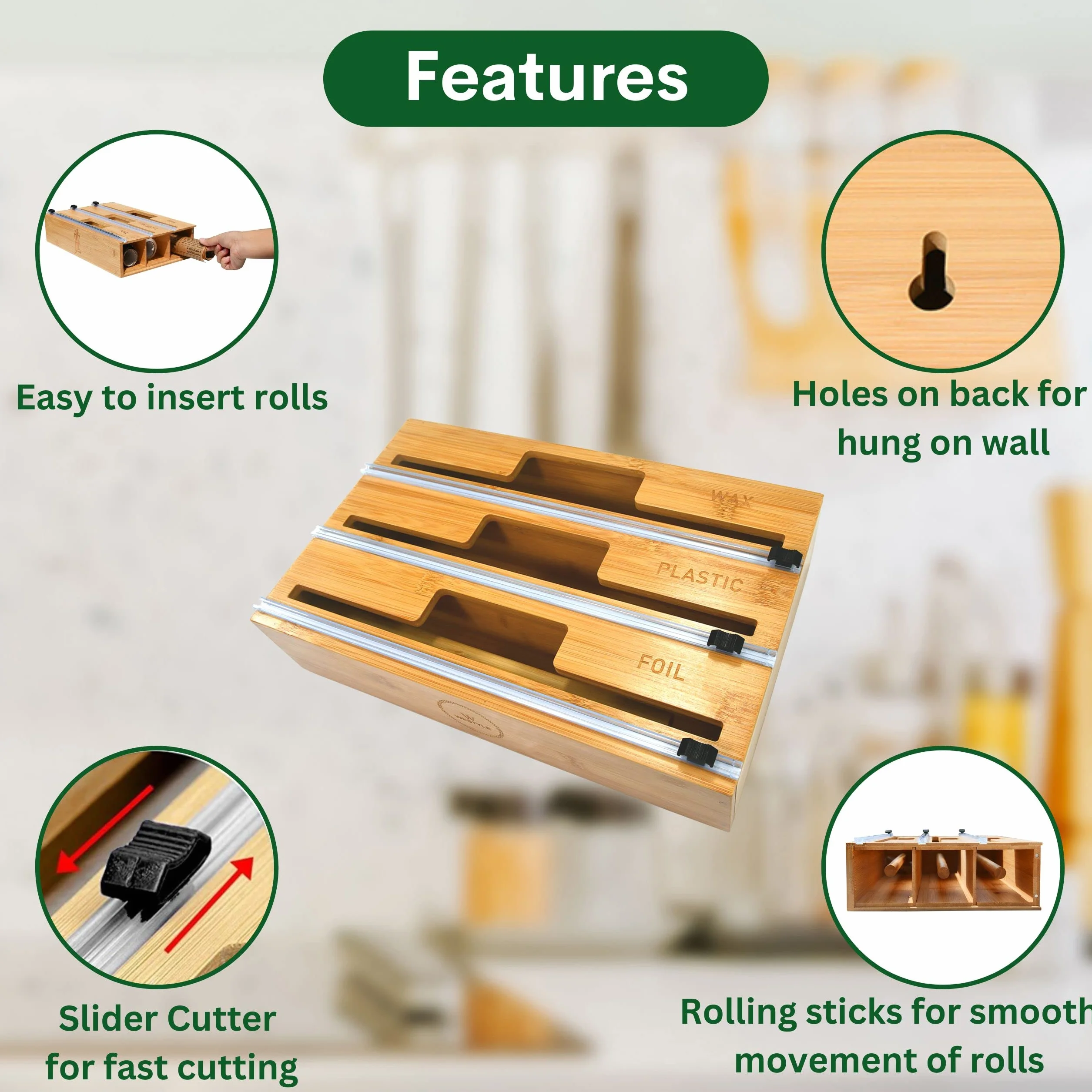Dozownik folii i folii 3 w 1, folia aluminiowa, papier woskowy, dozownik do folii z tworzywa sztucznego z nożem i grawerowanymi etykietami, naturalny bambusowy organizer i uchwyt kuchenny -