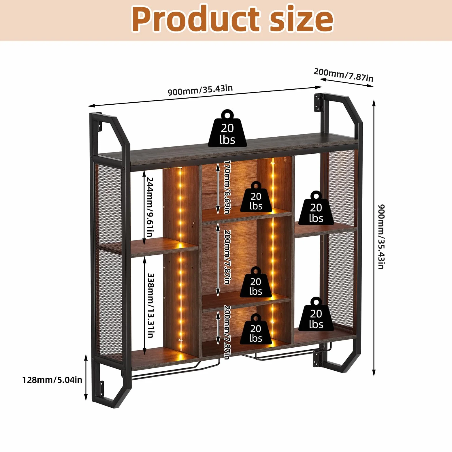 Regał ścienny na wino z oświetleniem LED, 90 x 90 cm, regał na wino do montażu na ścianie, wykonany z żelaza i płyty MDF, regał ścienny z uchwytem na szkło, regał ścienny z regulowaną półką, do barów,