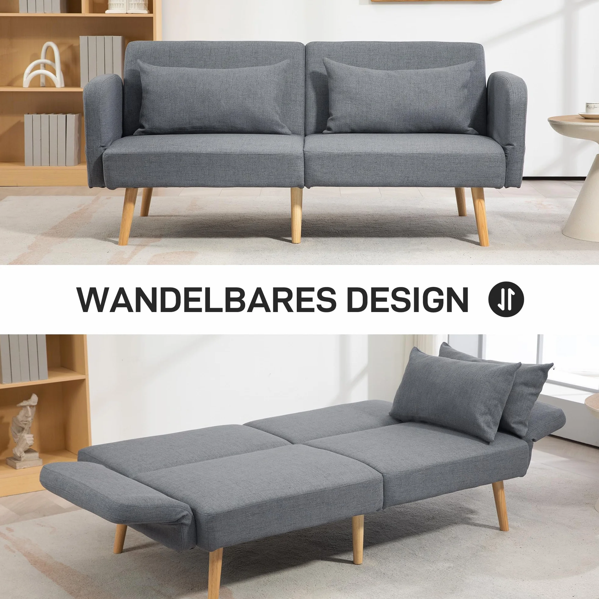 HOMCOM Sofa do spania, 2-osobowe łóżko składane z funkcją łóżka, 2 poduszki do rzucania, 3-osobowa sofa tapicerowana z regulowanym oparciem, wygląd lnu, do salonu, sypialni, 170 x 83 x 80 cm, szara