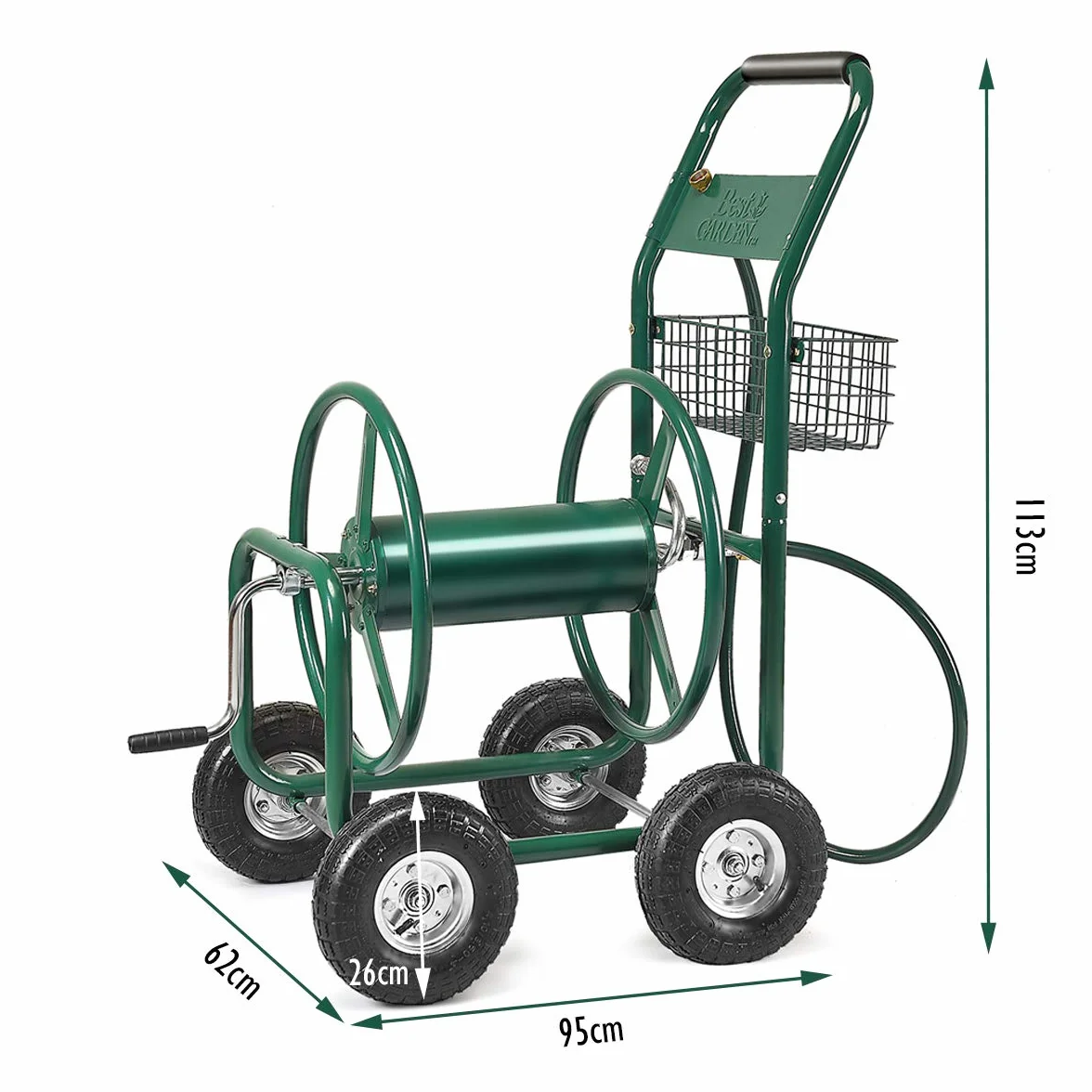 COSTWAY Wózek na wąż ogrodowy 80 m, do węża 5/8", zwijacz węża z koszem, uchwyt na wąż metalowy, bęben z wężem przyłączeniowym 189 cm
