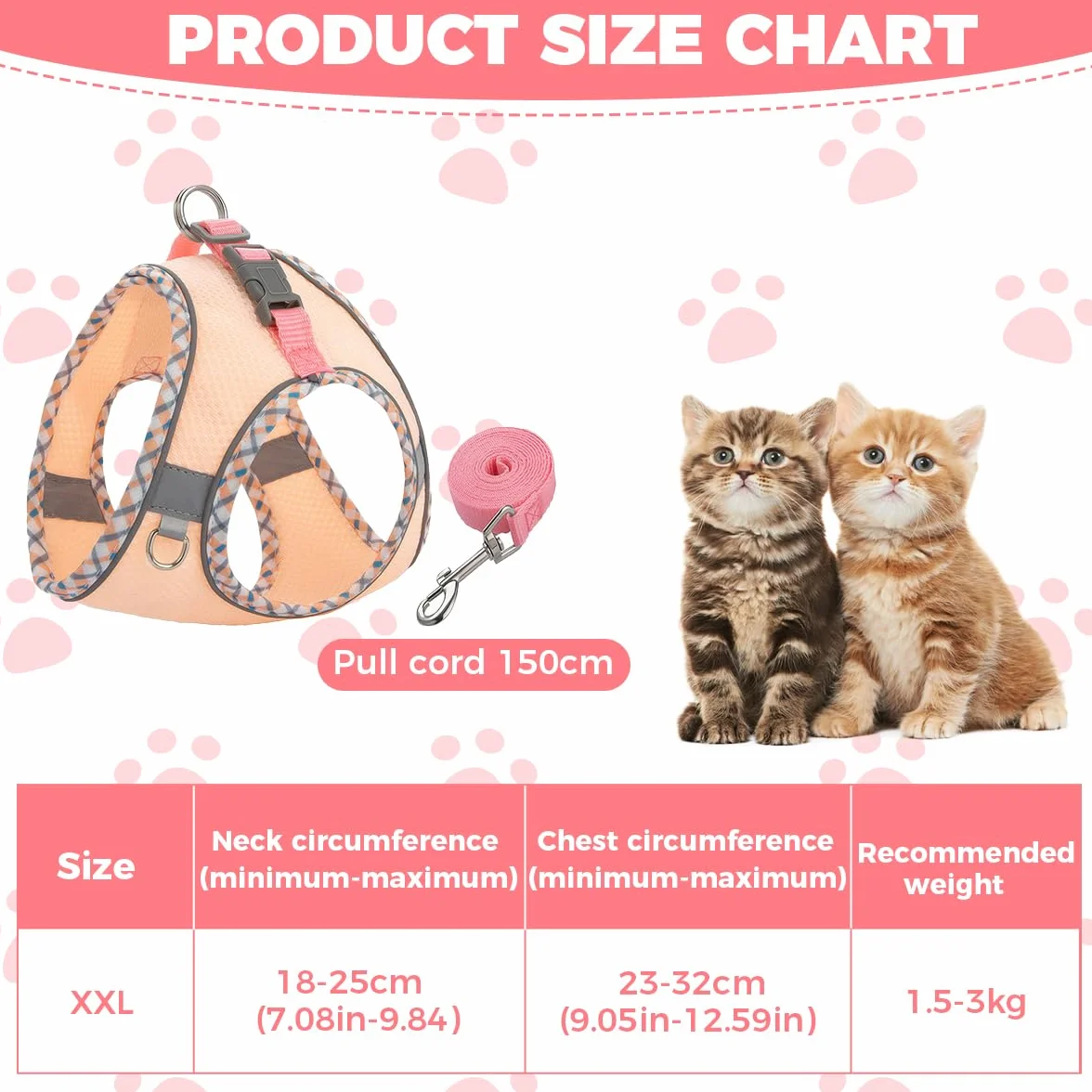 Miękka uprząż dla kota z odblaskowymi paskami, regulowana, różowa XXS, 2-3 kg