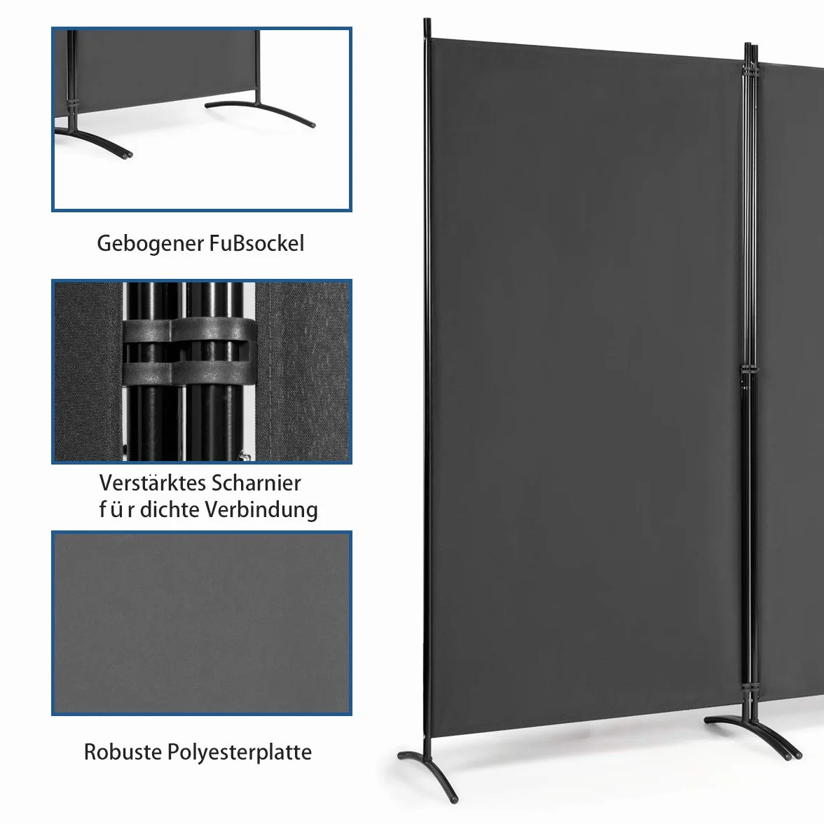 COSTWAY Parawan 260 x 183 cm, 3-częściowy składany, ścianka działowa z metalu i poliestru, ochrona przed wzrokiem, do domu, biura, na taras (kolor szary, 3-częściowy)