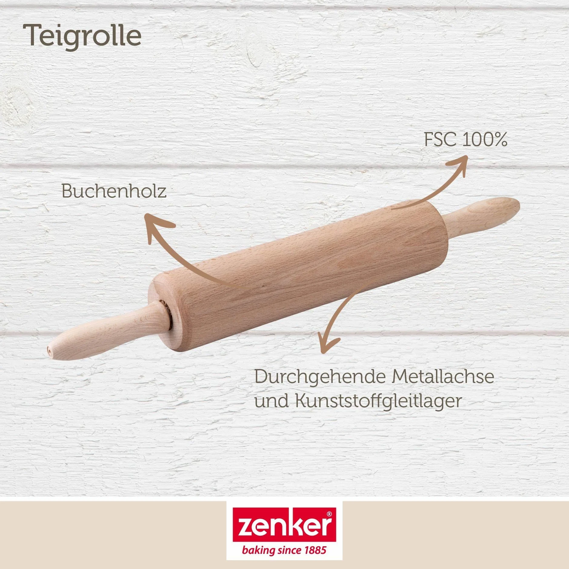 Zenker Wałek do Ciasta Patisserie, Wałek do Makaronu Jako Akcesoria do Pieczenia, Wałek do Pieczenia z Drewna z Łożyskiem Kulkowym (Kolor: Brązowy), Ilość: 1 Sztuka