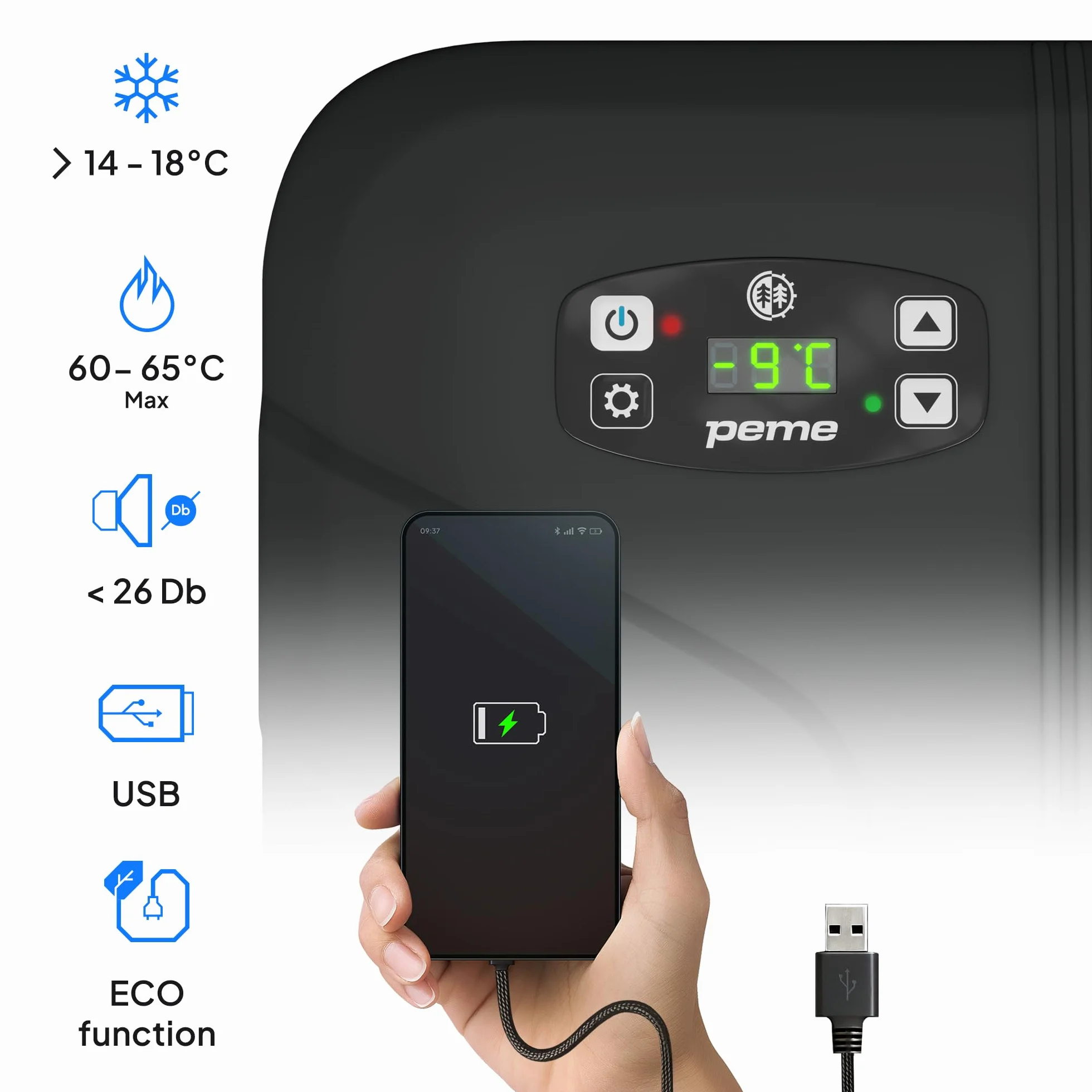 peme Elektryczna Lodówka Turystyczna Podróżna Chłodzenie i Podgrzewanie Podwójne Zasilanie Port USB Bezpieczne Zamknięcie Tryb Eco do Samochodu Auta Kampera Kemping 12V & 220 240 V 25,7L - Essential