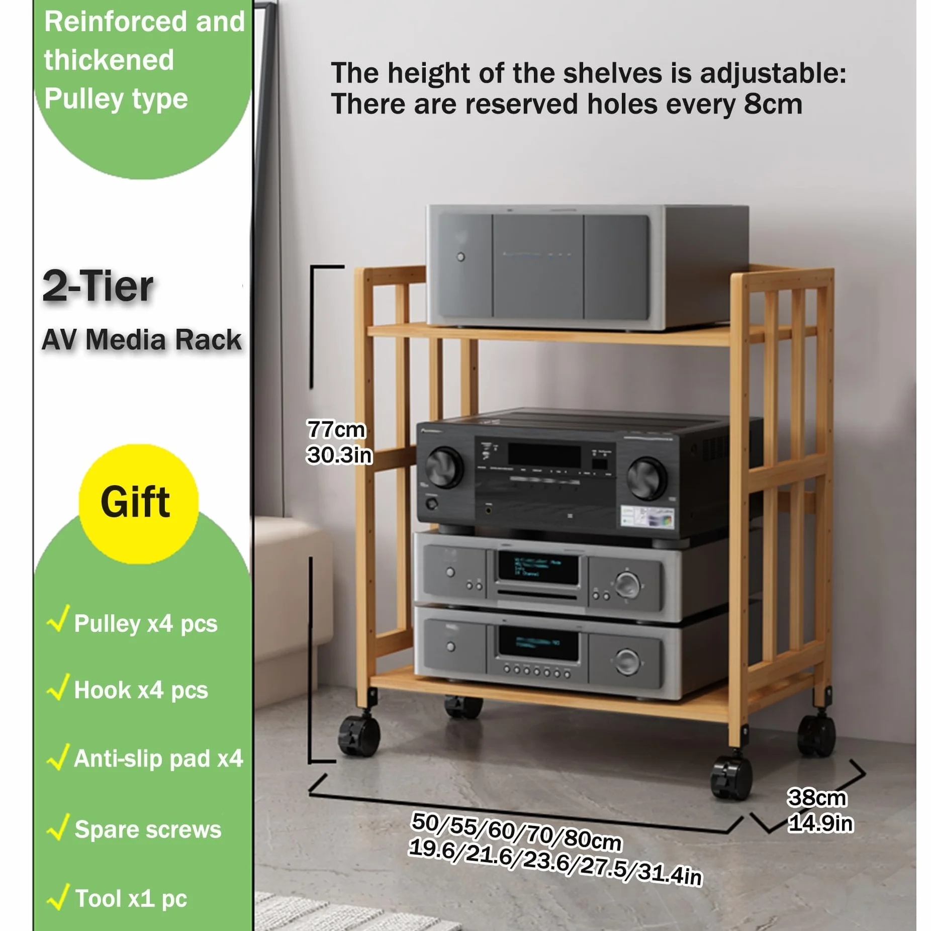 Multimedialny stojak AV 2/3-poziomowa drewniana szafka pod telewizor półka na drukarkę stereo do przechowywania płyt CD/DVD konsole do gier i routera, naturalne wykończenie, 50 x 30 cm