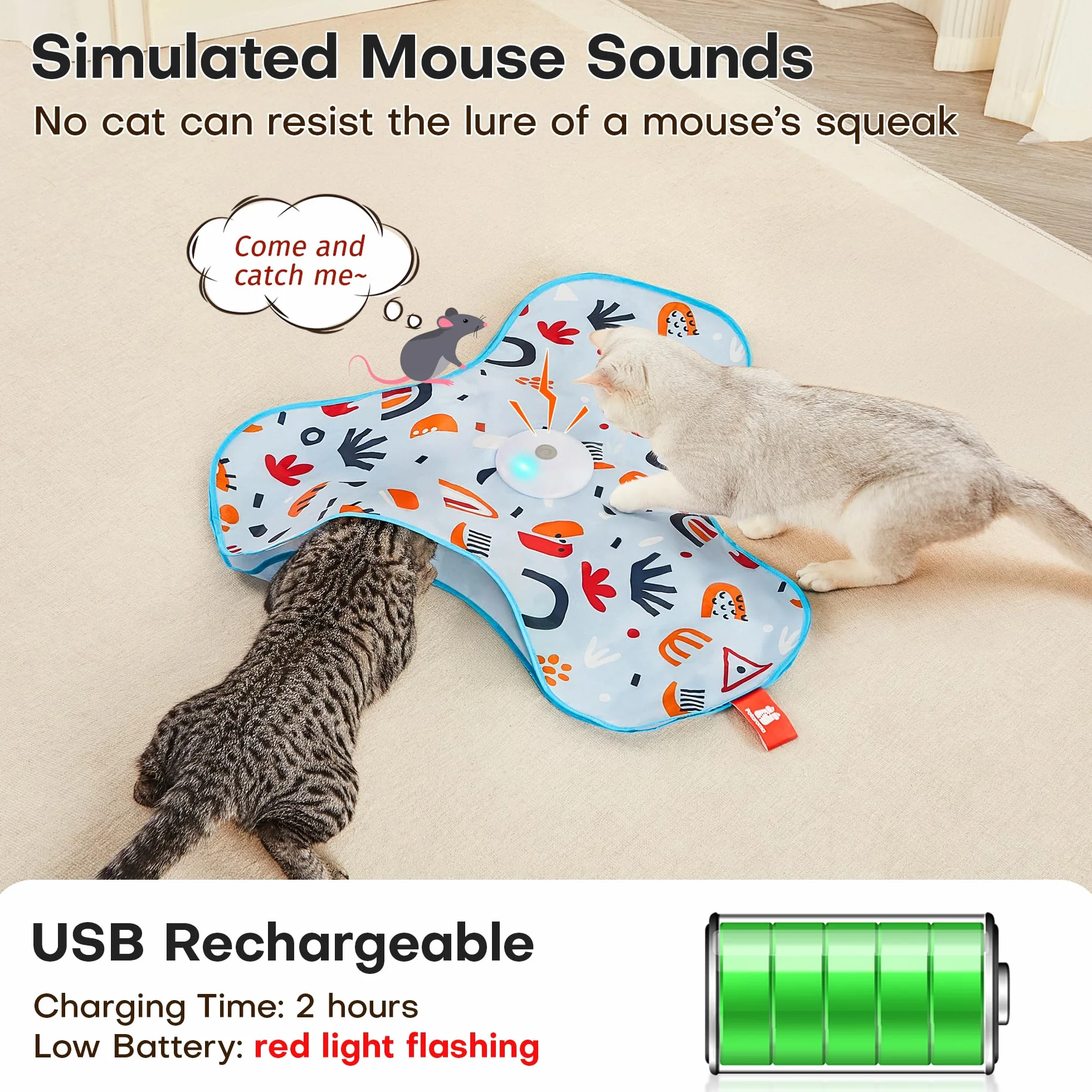 Potaroma Hide and Seek Cat Toys, in-The-Cover Unpredicatable Moving Feather, Interactive Kitten Wand Toy, Automatic Chargeable Cat Toy, Indoor Exercise Kicker for All Breeds, Floral Cover