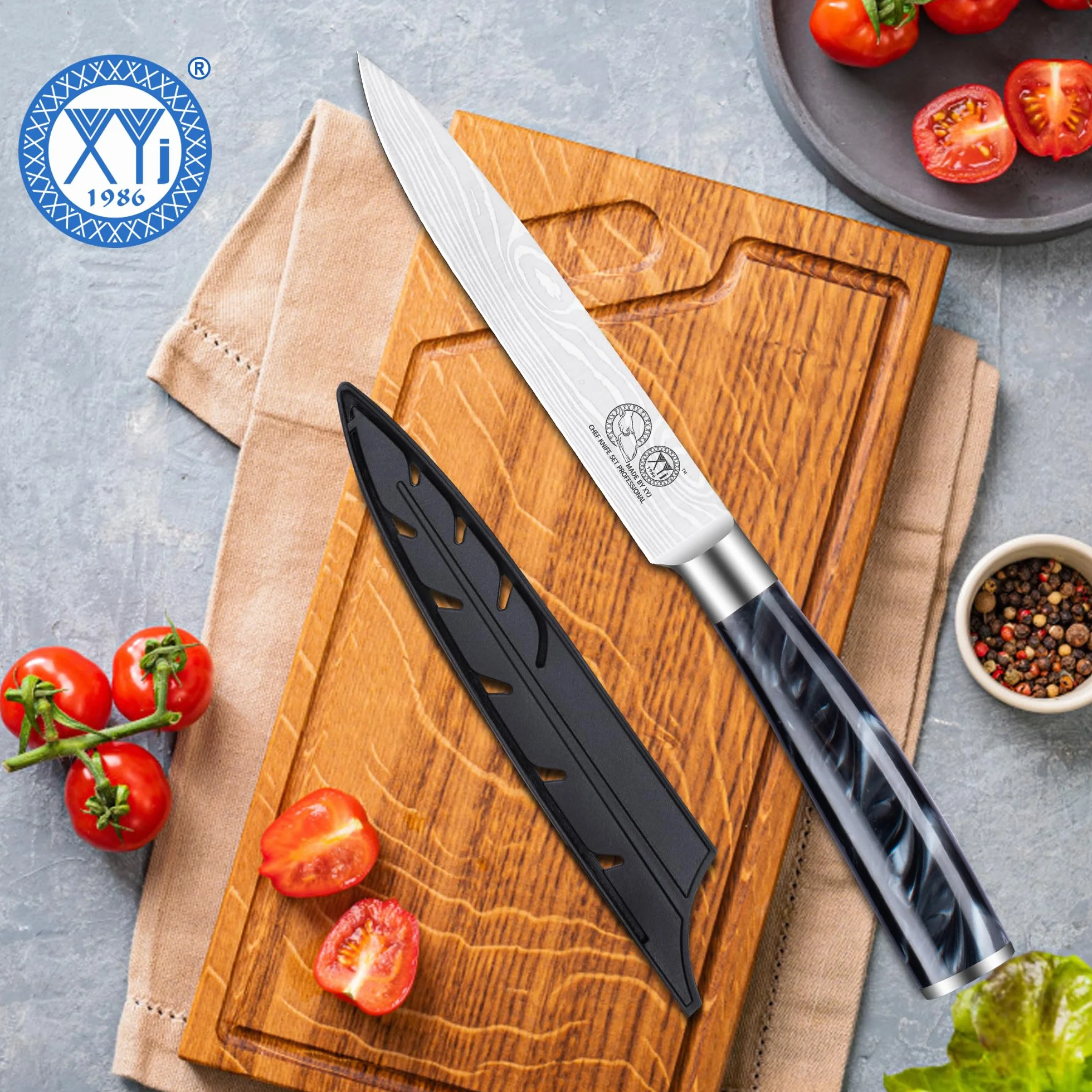 XYJ Authentic Since 1986,5 Inch Stainless Steel Kitchen Utility Knife,Ultra Sharp,Laser Damascus Pattern Japanese Kitchen Knife, Meat Cleaver Steak Cutting Knife With Sheath,Resin Handle