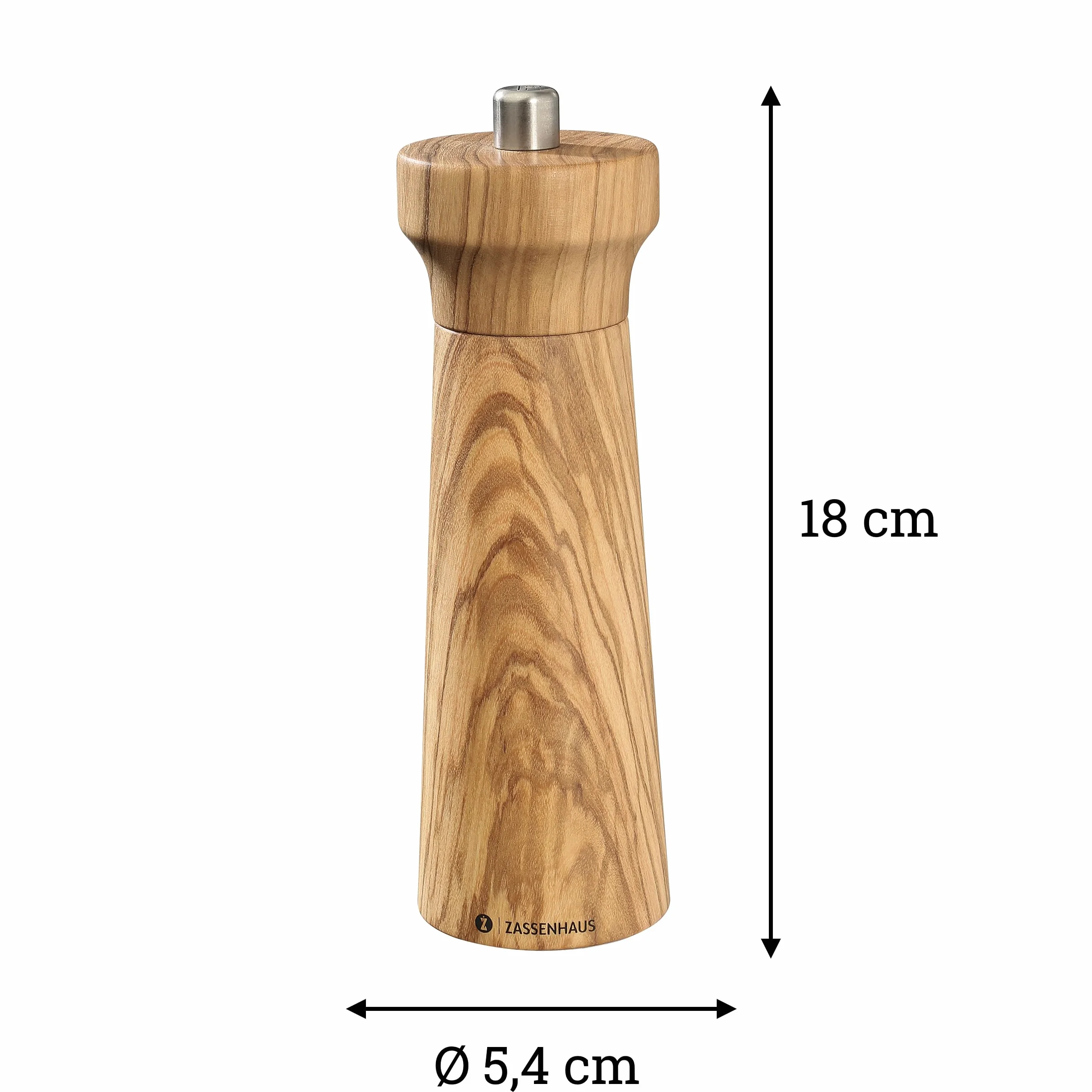 Zassenhaus Westerland młynek do pieprzu, drewno oliwkowe, z płynnie regulowanym ceramicznym mechanizmem mielącym, młynek do przypraw do pieprzu, 18 cm, Ø 5,4 cm