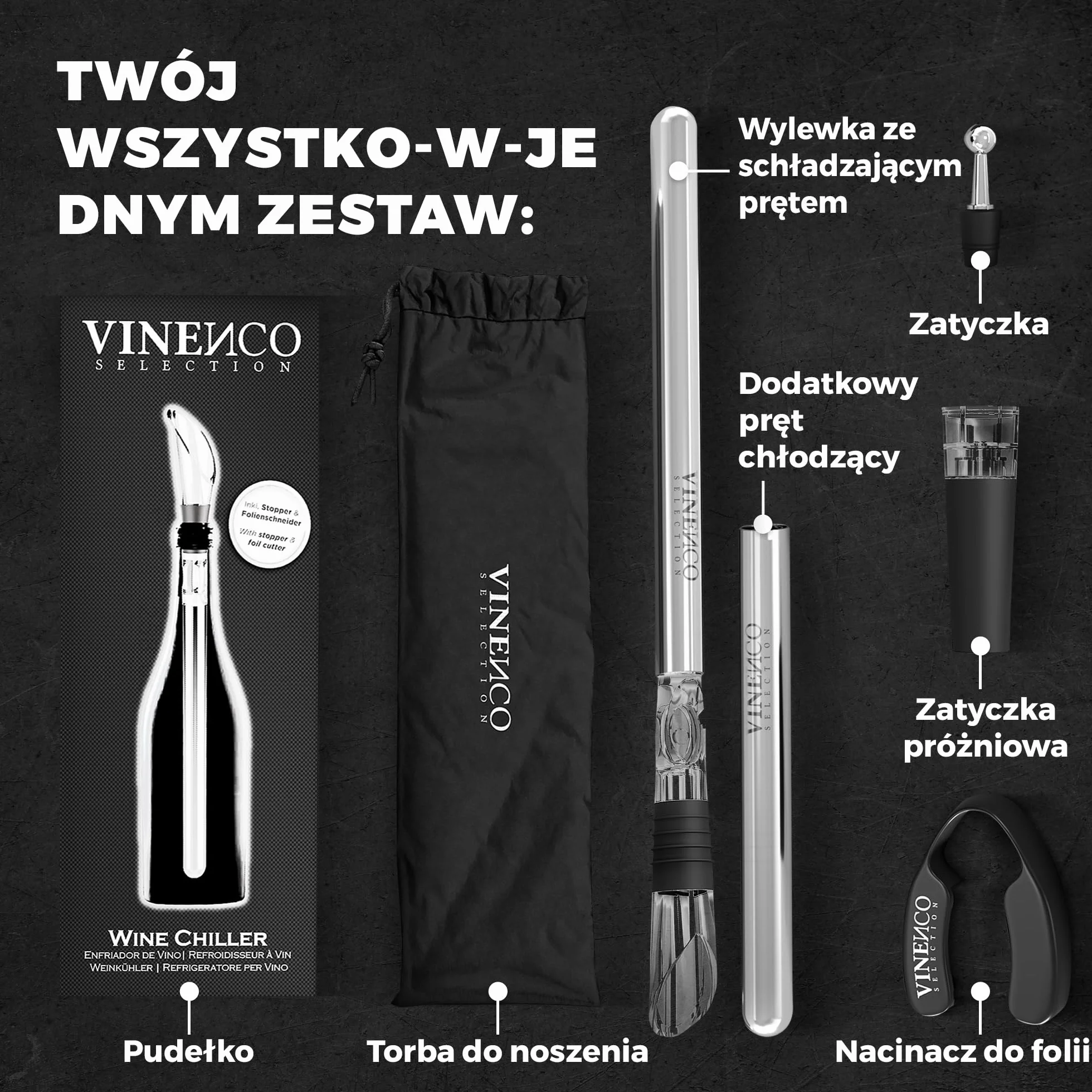 VINENCO Zestaw chłodzący do wina, zestaw chłodzący do butelek + dekanter 3 w 1 Premium akcesoria do chłodzenia wina: stal szlachetna lodówka do wina + napowietrzacz dekantacyjny + nalewak | prezent do