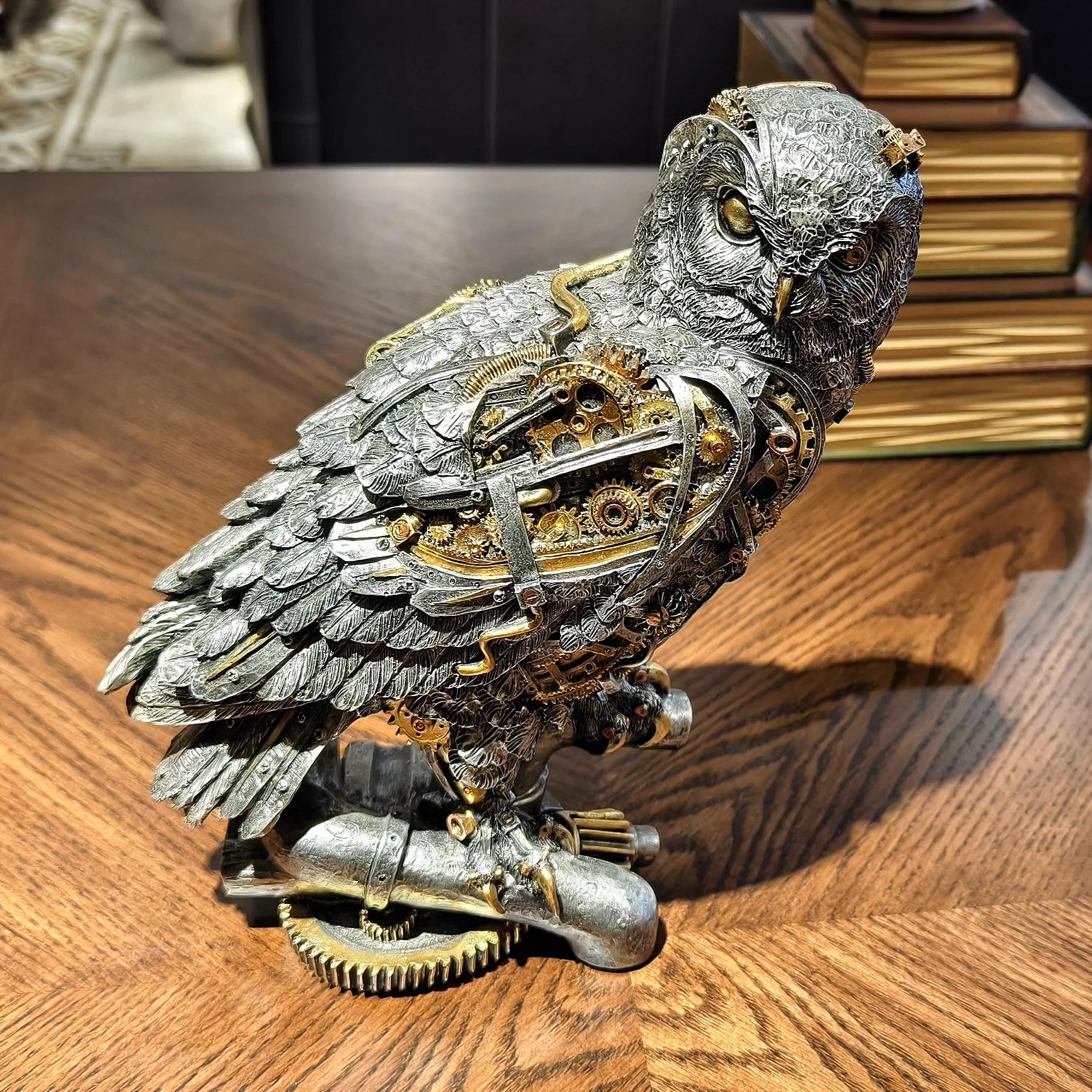 OUTOUR Steampunk Sowa Statua 39 cm H Metaliczny Srebrny Złoty Gotycki Kolekcjonerska Figurka Zwierząt Mądrość Prezent Sowa Rzeźba Dom Biuro Wystrój Salon Blat Wyświetlacz