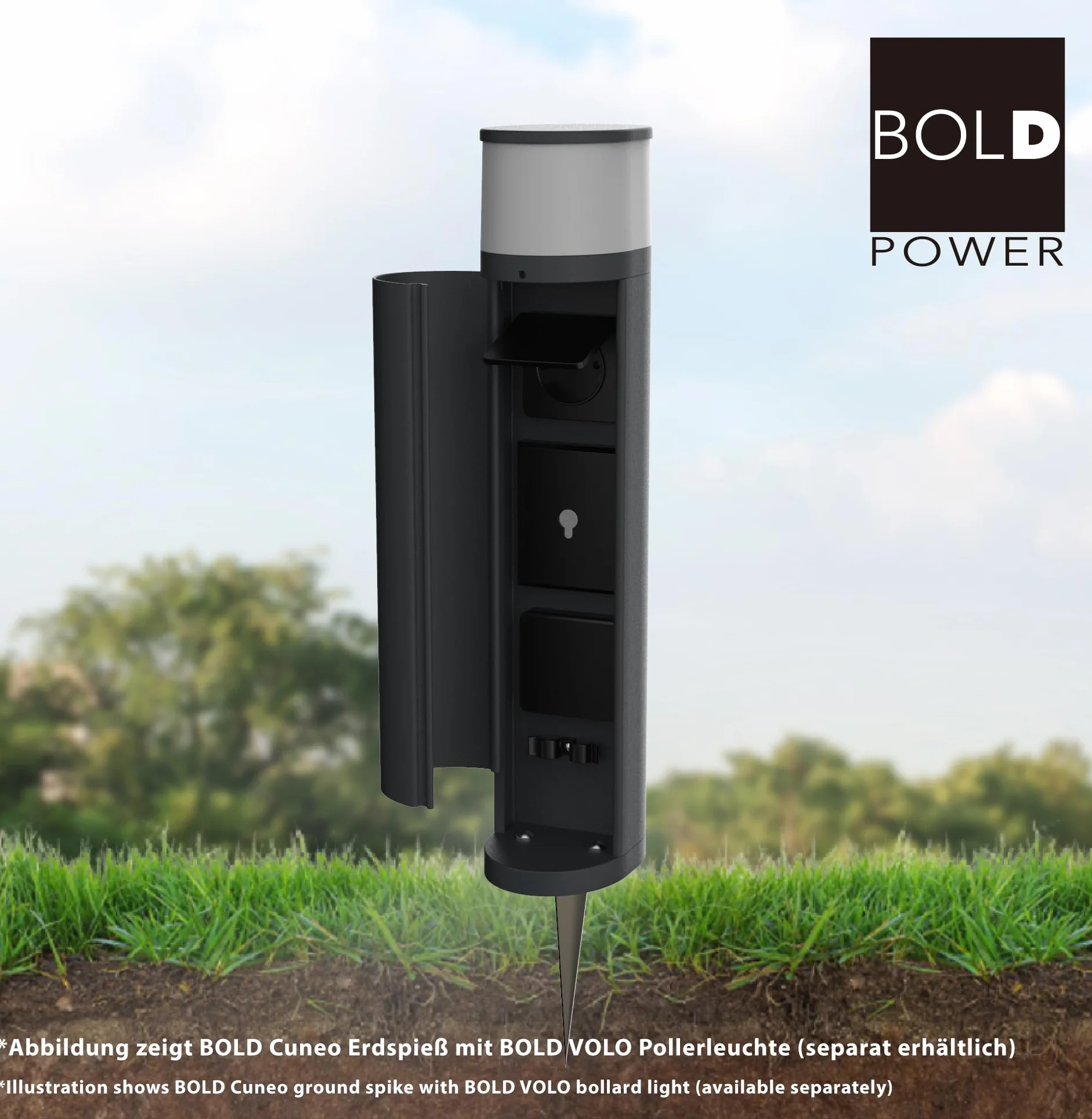 BOLD Kolec do wbijania w ziemię ze stali nierdzewnej do gniazd ogrodowych (pasuje do kolumn z gniazdami z serii BOLD- Orio, Pado, Volo i Abano oraz wielu innych producentów), kolor srebrny - wersja od