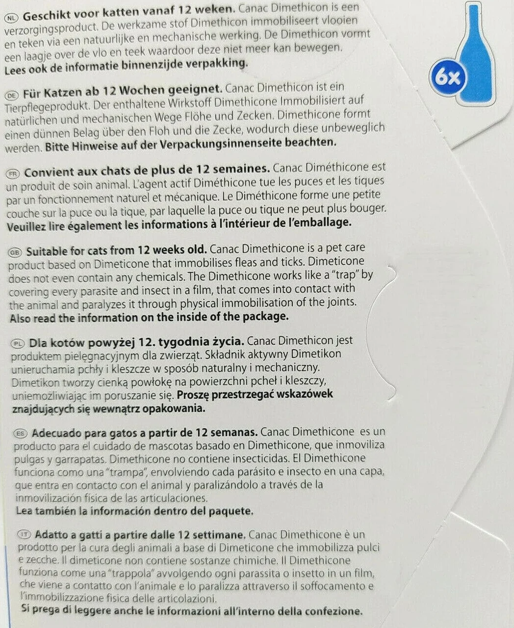 Antykleszcze i pchły kota, x 6 pipety z dimetykonem