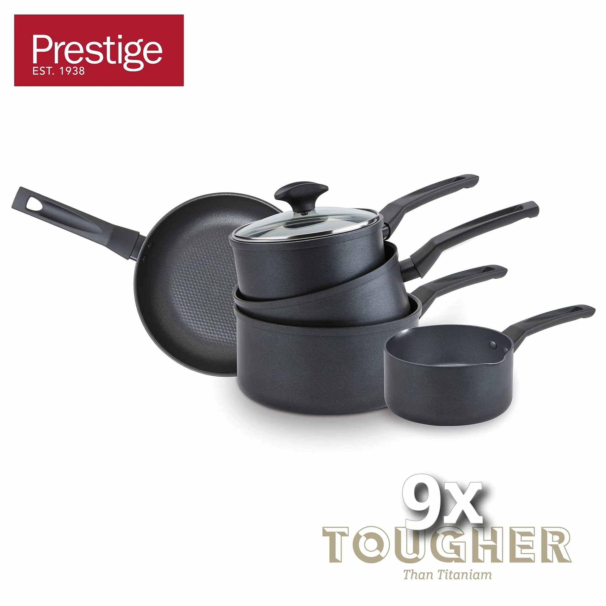 Prestige 9 x zestaw garnków i patelni – nieprzywierająca patelnia indukcyjna z powłoką zapobiegającą zarysowaniom, nieprzywierającą i nieprzywierającą przywieraniu, utrzymują chłód, łatwe uchwyty, nadają się do piekarnika i zmywarki