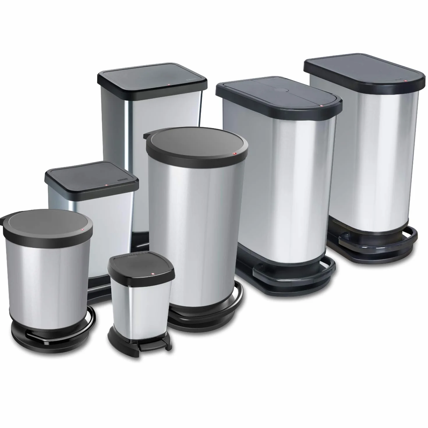 Rotho Paso Kosz na śmieci 50 l, do segregacji śmieci, z pokrywką i pedałem, tworzywo sztuczne (PP), nie zawiera BPA, srebrny metaliczny, 50 l (44,0 x 29,0 x 67 cm), srebrny