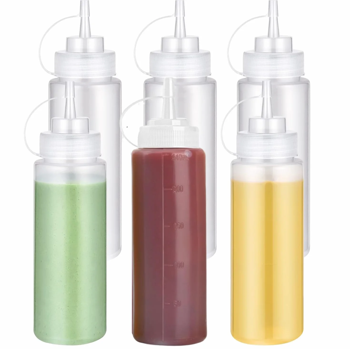 6 sztuk butelek wyciskanych, 240 ml, z nakrętkami, szczelna, z tworzywa sztucznego, butelka dozująca, butelka na olej, dozownik do keczupu, gorących sosów, sosów sałatkowych, malowania