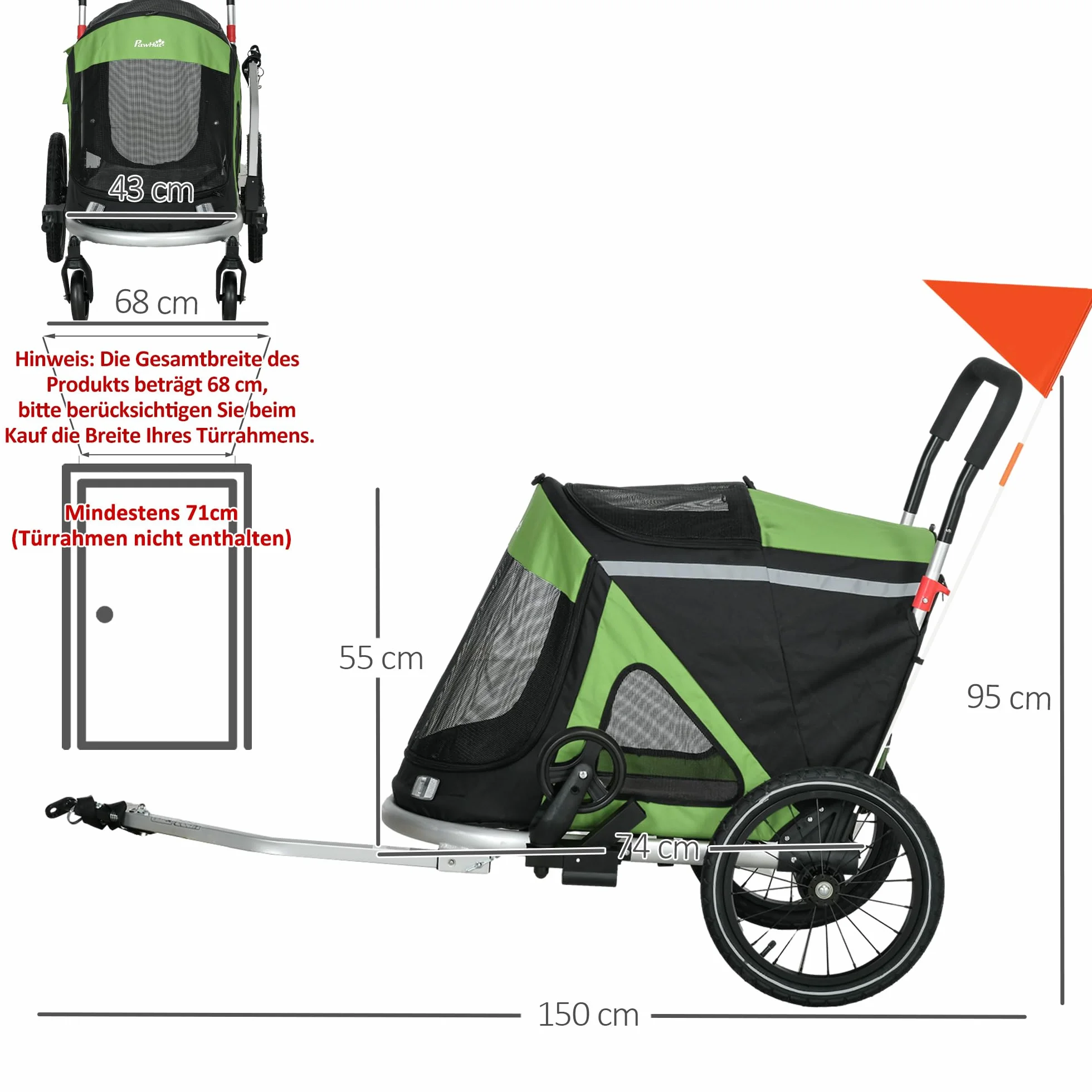 PawHut 2 w 1 przyczepa dla psów buggy, przyczepka rowerowa dla psów, wózek dla psów z odblaskami, do 20 kg, tkanina Oxford, zielona