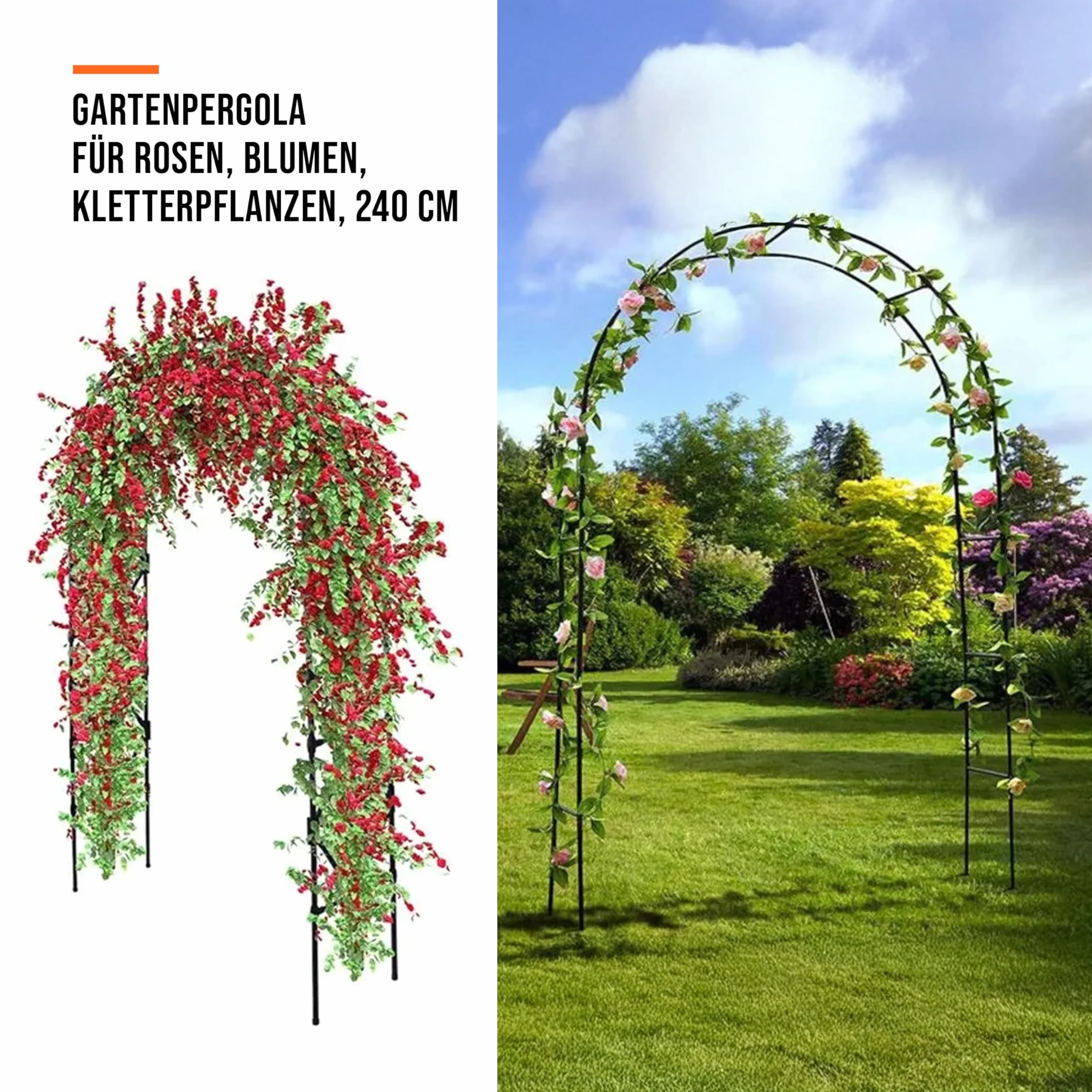 Metalowy łuk pergoli ogrodowej 240 x 140 cm – podpora dla róż, bluszczu i roślin pnących – dekoracyjna brama do dróg i wejść