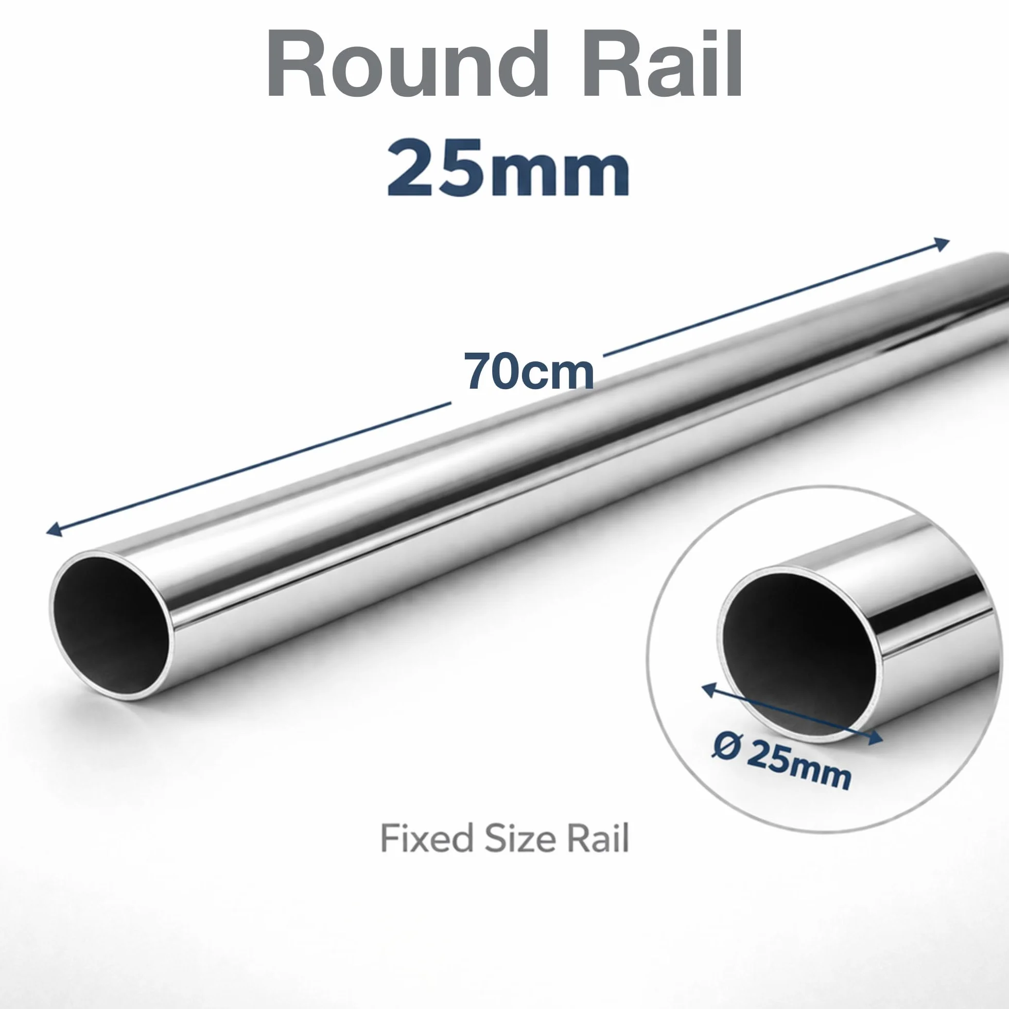 Okrągła szyna 25 mm szafa polerowana chromowana wisząca rurka przycięta na rozmiar wsparcie i śruby (700 mm (0,7 m) ~ 27,5 cala)