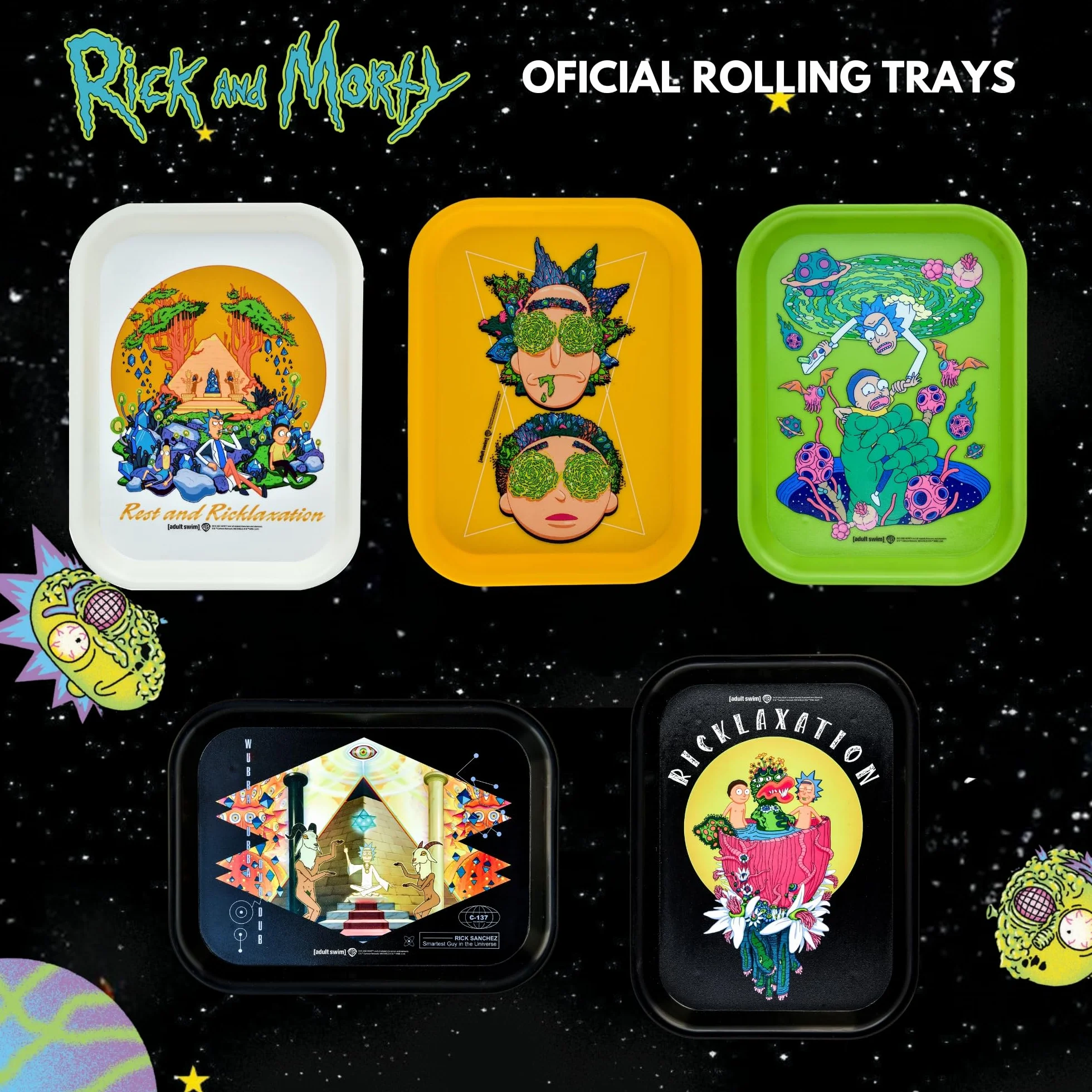 Oficjalna taca na kłębek Ricka i Morty 19 x 25 cm - Artykuły dla palaczy - Akcesoria do papierosów - Plastik do recyklingu - oryginalny prezent. (Rick and Morty Yellow)