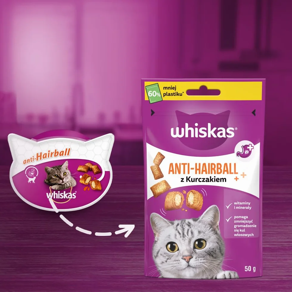 WHISKAS PrzeciwHairball przekąski dla kota 6 x 50 g – pyszne przekąski przeciwko kulkom włosów dla zdrowego sierści