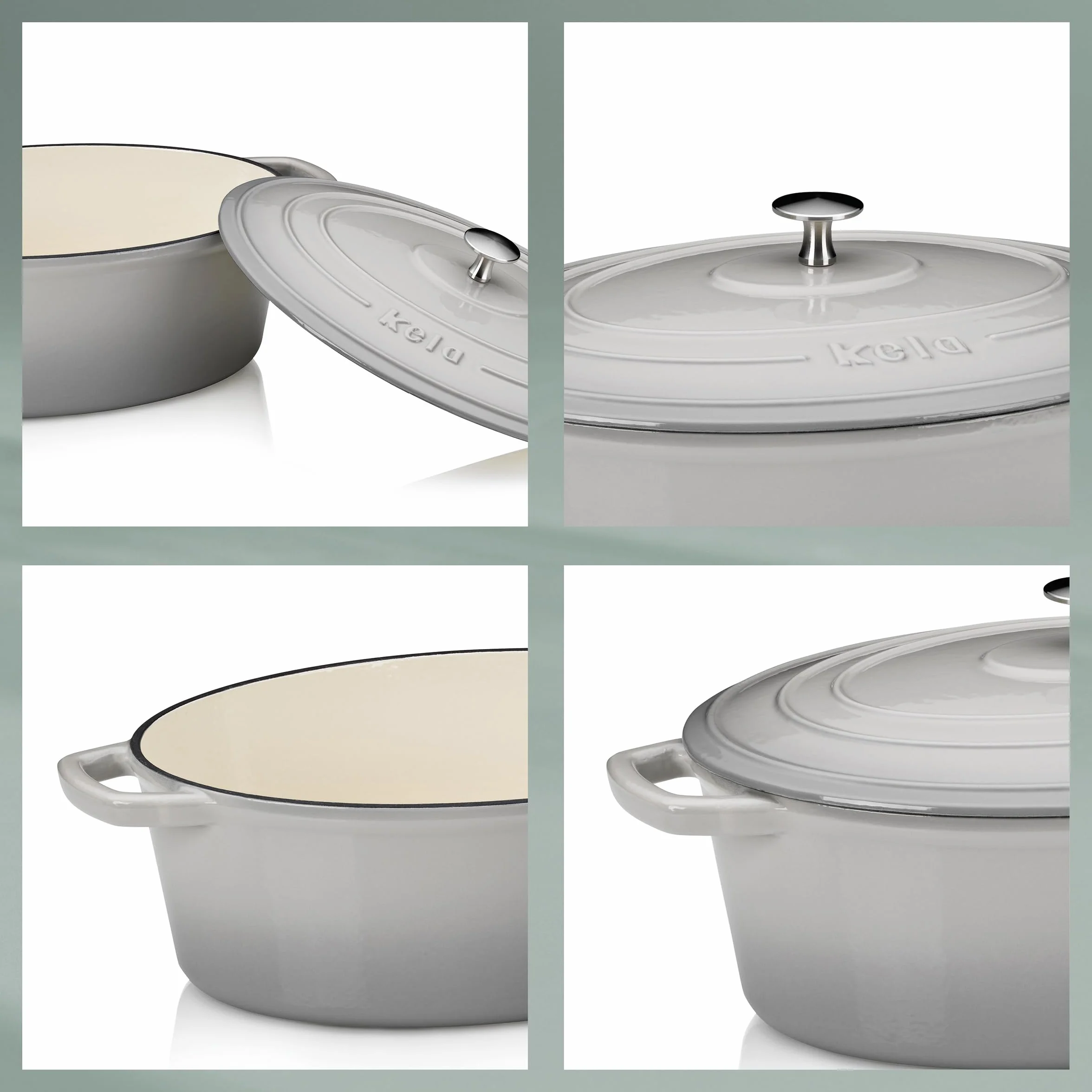 kela Garnek żeliwny owalny 6 litrów, Dutch Oven CALIDO, indukcyjna brytfanna żeliwna z pokrywką, żeliwny garnek do pieczenia chleba, emaliowana, jasnoszara, szara