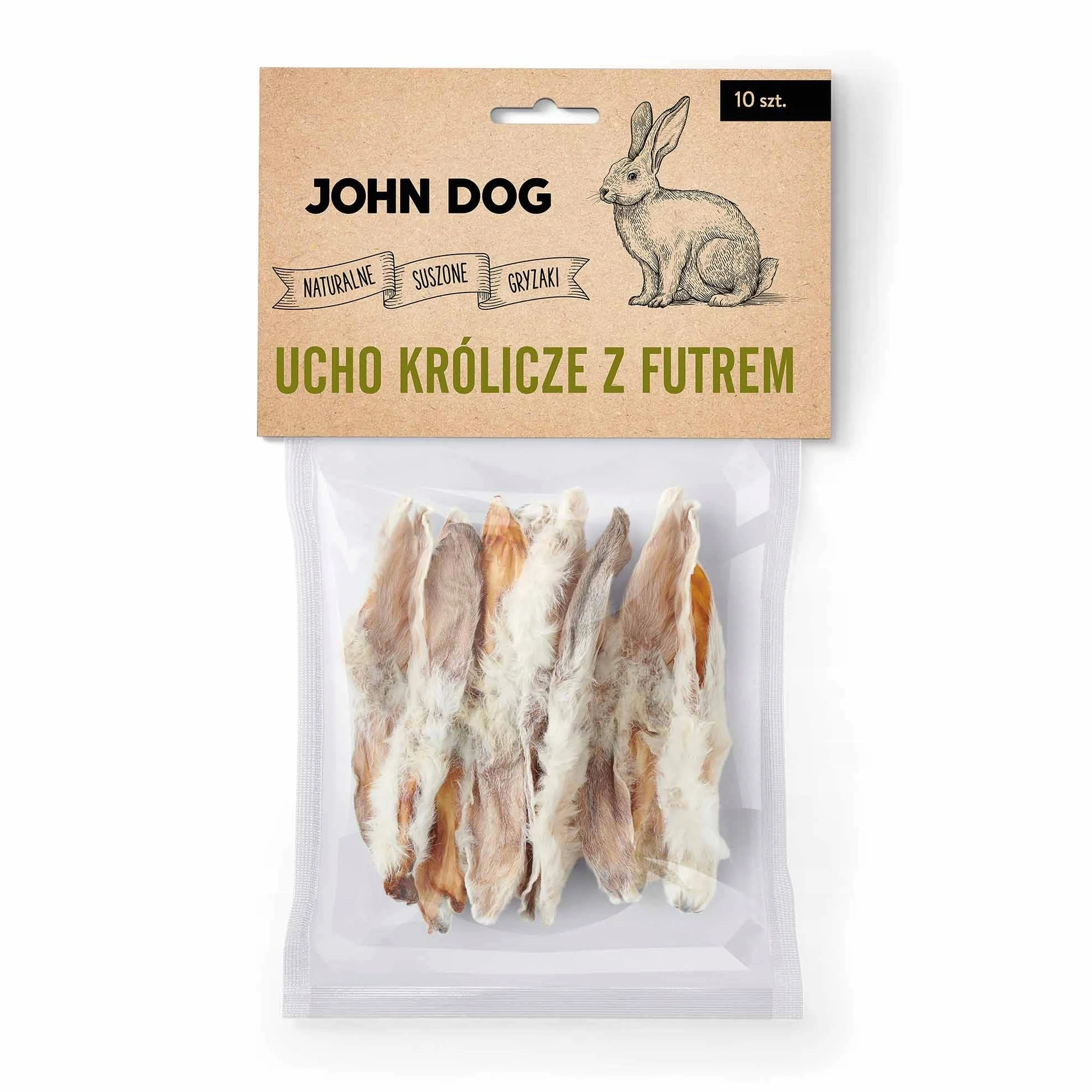 JOHN DOG Ucho królicze z futrem suszony gryzak dla psa 10 szt.