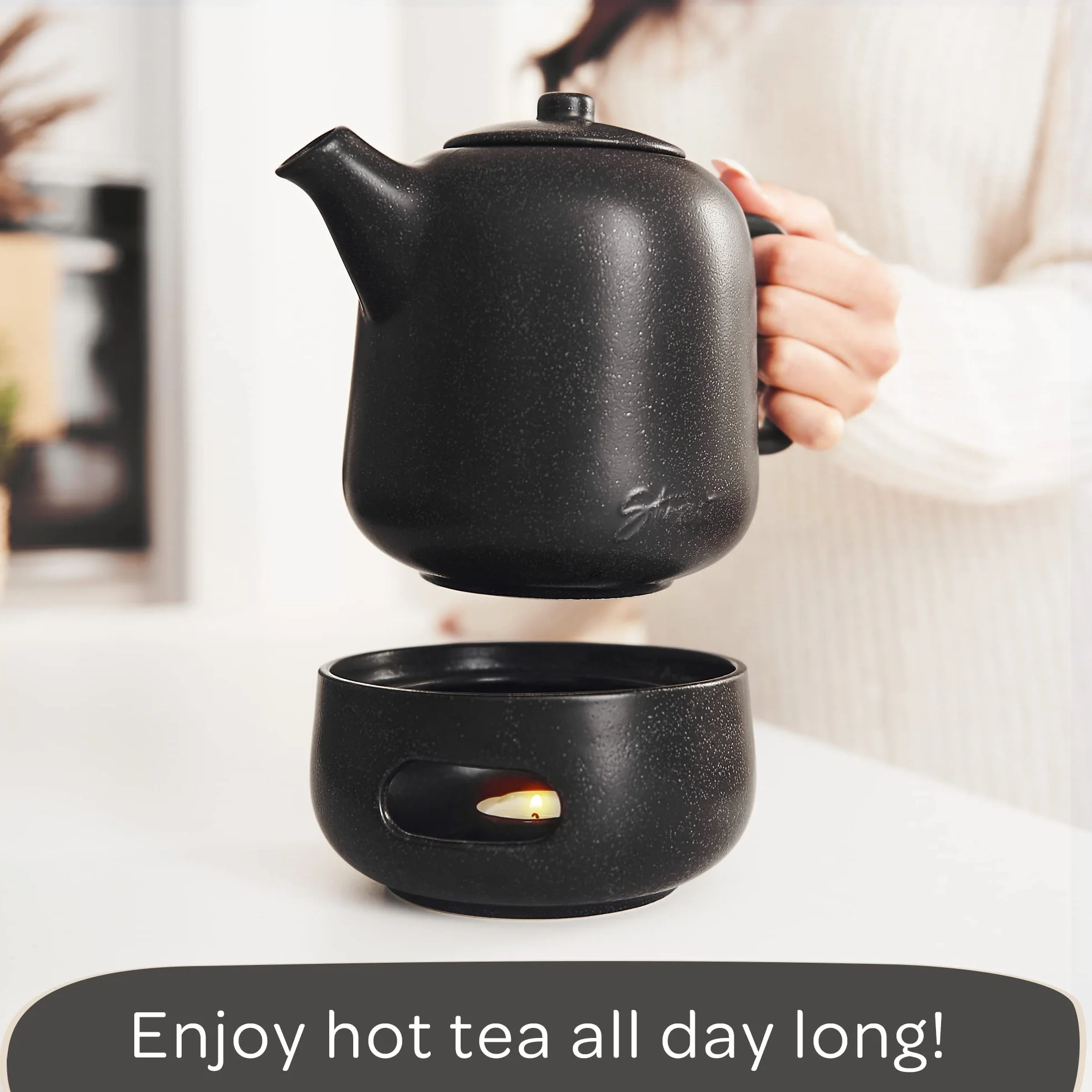 STEINZEIT Designerski dzbanek do herbaty z podgrzewaczem (1,3 l) – z sitkiem ze stali nierdzewnej 304 – ceramiczny z unikalną glazurą wyjmowany z sitkiem, czarny
