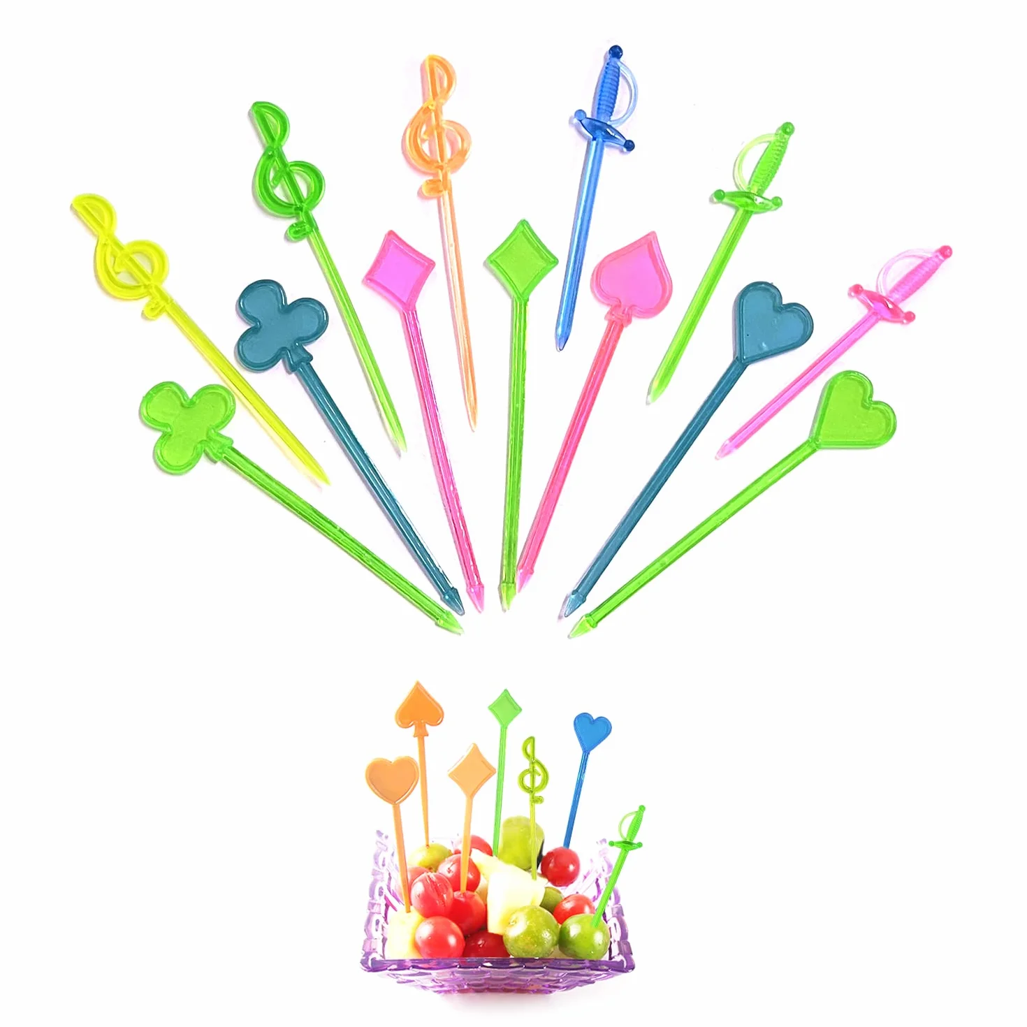 100 szt. plastikowy widelec do owoców, zawiera 4 style: serce, karta do gry, zawieszka muzyczna, miecz, akcesoria Bento, miłość, do dekoracji imprezowych, 20 cm