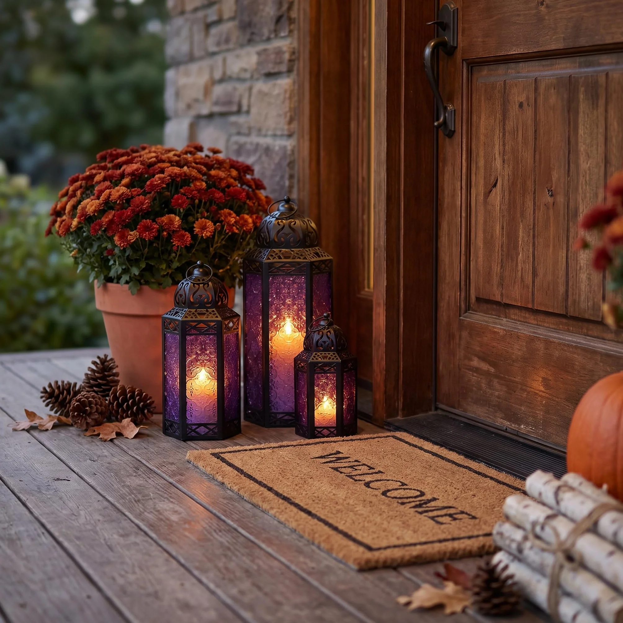 Vela Lanterns Zestaw 3 lampionów marokańskie świeczniki dekoracyjne na podłogę Ramadan dekoracja wnętrz dekoracja domu na zewnątrz patio ganek Halloween ślub fioletowy kolor