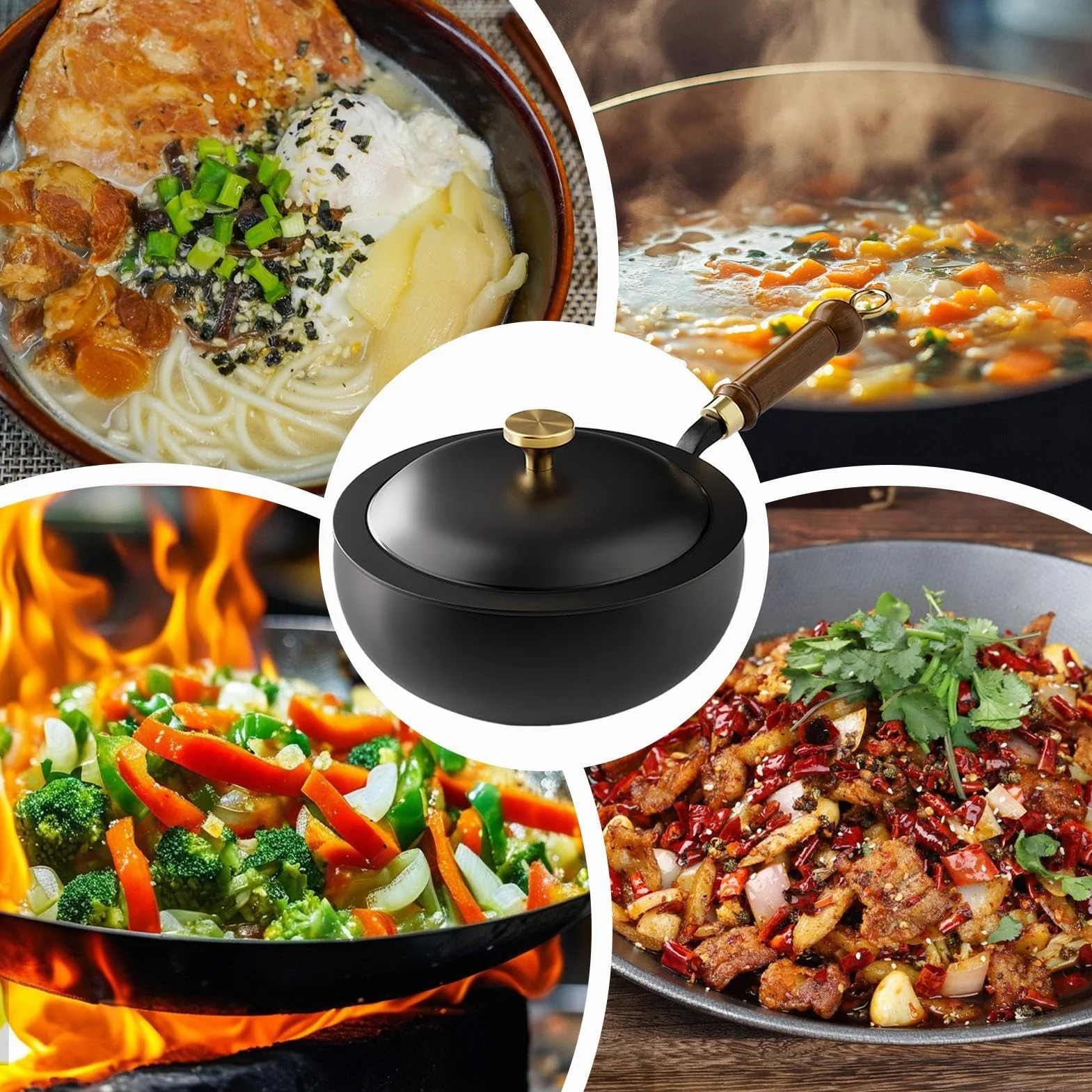 Chiński ręcznie robiony żeliwny wok, patelnia z pokrywką i drewnianym uchwytem, bez powłoki, chiński wok, patelnia nieprzywierająca, artykuły kuchenne, do domu, mieszkania, kempingu, restauracji, 20