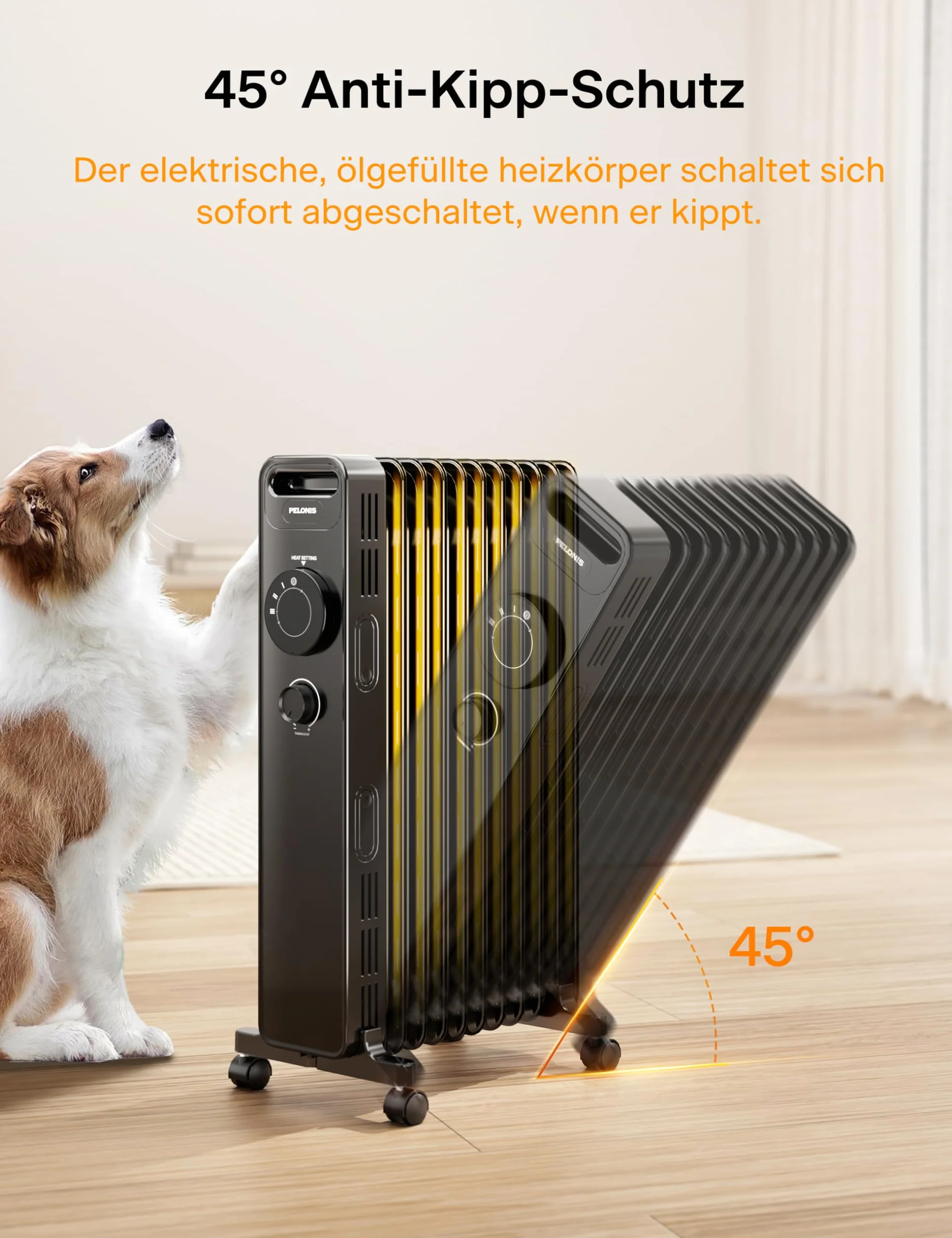 PELONIS Grzejnik olejowy z regulowanym termostatem, grzejnik elektryczny z 3 stopniami grzania, regulowany termostat, zabezpieczenie przed przewróceniem i przegrzaniem, energooszczędny, 2,3 kW, 21 m²