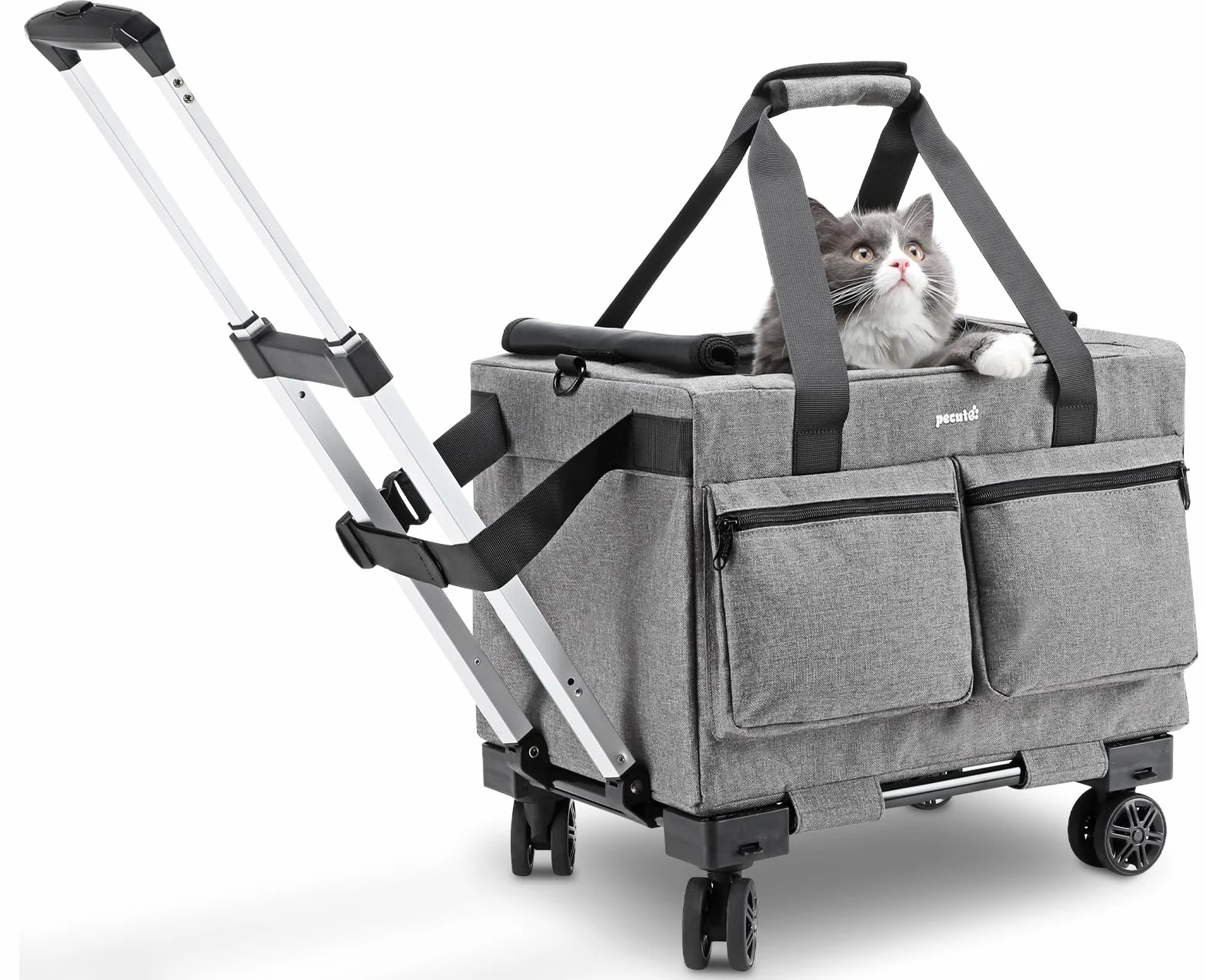 Pecute nosidełko dla kota z kółkami, stalowa rama druciana, nosidełko dla kotów, psów do 5 kg, nosidełko dla zwierząt domowych z podwójnym prętem i gładkimi cichymi kółkami, stabilne i bezpieczne, w