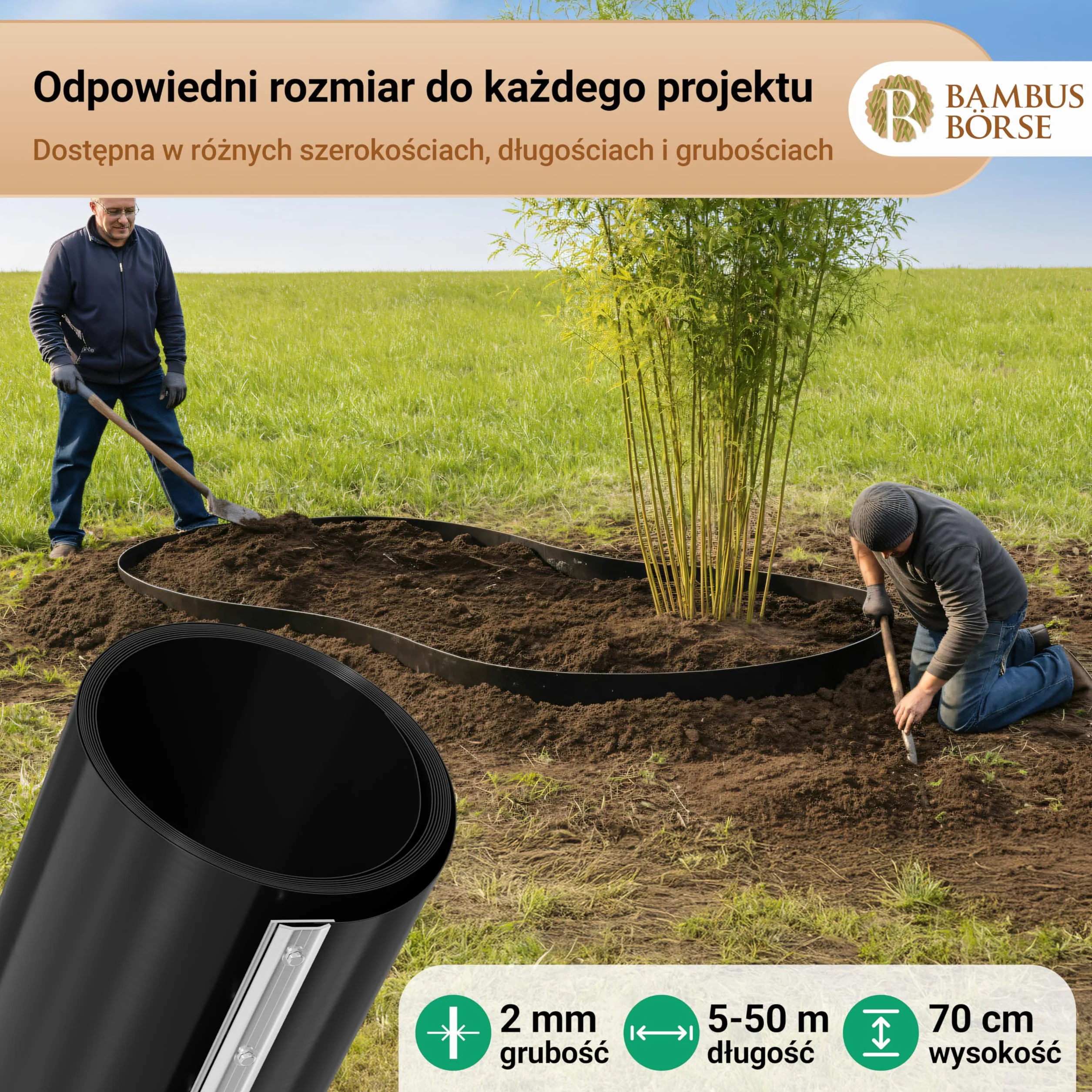 Ogranicznik korzeniowy Bariera kłącza grubość 2 mm, wysokość 70 cm, długość 7 metrów i szyna zamykająca